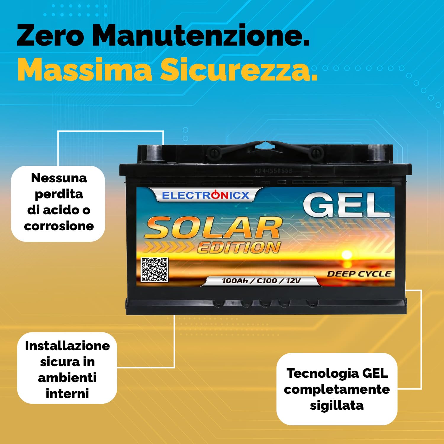 Electronicx GEL Solar Edition 100Ah 12V Batteria di alimentazione – Batteria GEL 100 Ah 12 V Deep Cycle – senza manutenzione, sigillata, per uso interno – 353 × 175 × 190 mm