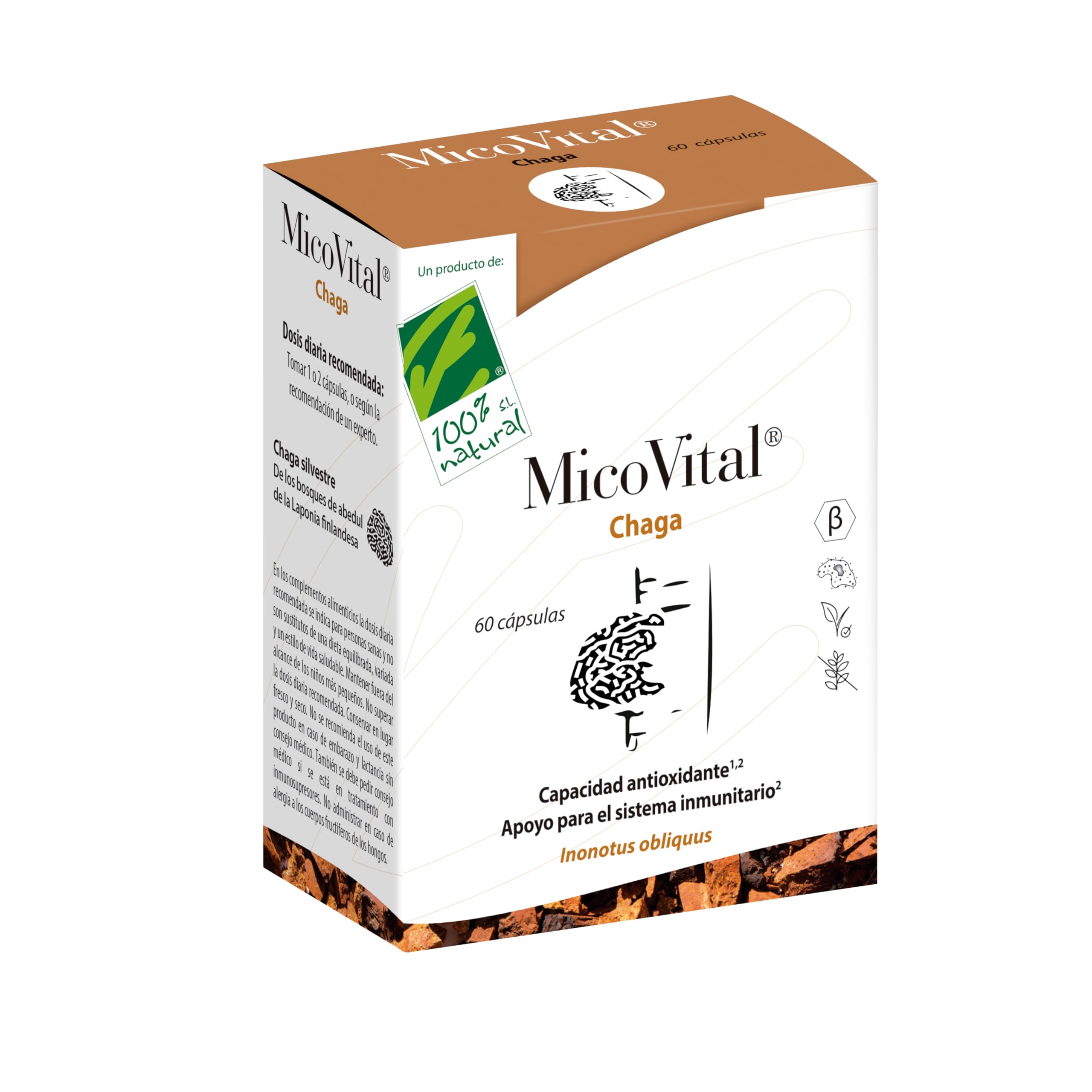 MicoVital® Chaga - Alto Nivel Antioxidante - Protege Contra el Daño Oxidativo - Contribuye a las Defensas Inmunológicas Naturales - Efecto Antifatiga - 60 Cápsulas Vegetales - 100% Natural