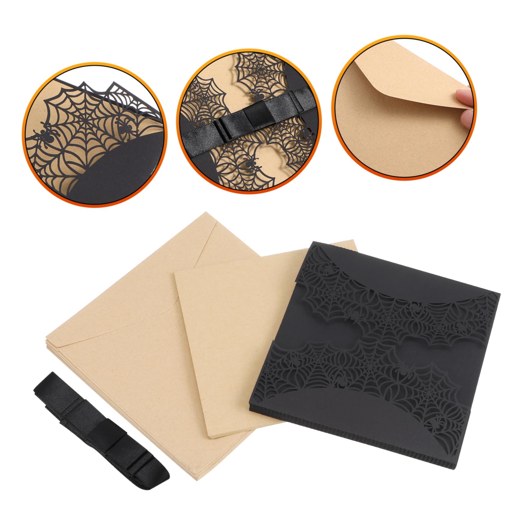 5er-set Einladungskarten Mit Muster Und Schleife Schwarze Papierumschläge Für Halloween-treffen 10 Stück * 5