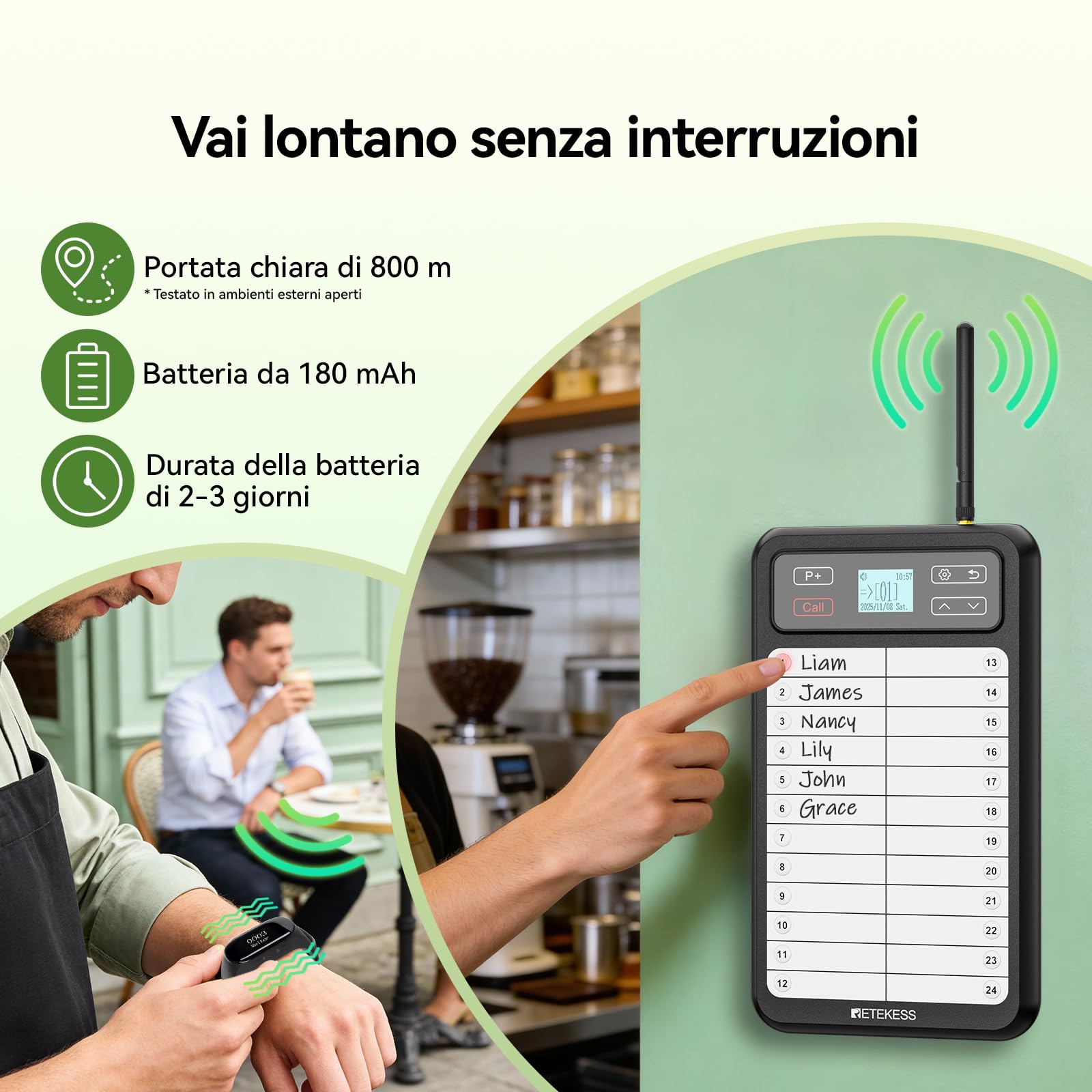 Retekess TD037 Cercapersone Ristorante, Sistema di Chiamata Camerieri con Cercapersone e Beep con Tastiera a 24 Tasti, 4 Ricevitori a Braccialetto per Ristoranti