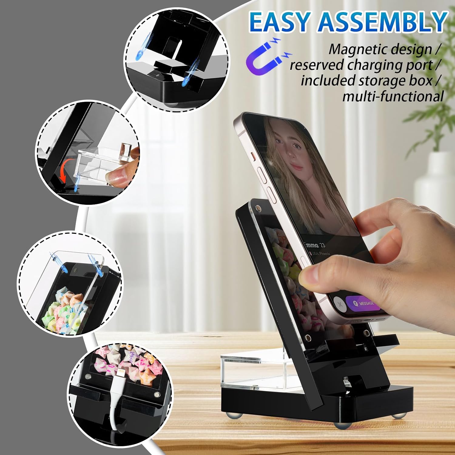 Acrylic Phone Holder Firm，Phone Stand for Desk，Star Decorations and Not Easily Damaged，Office Accessories，Novel Design,Pink Black and Clear. (Black) image 3