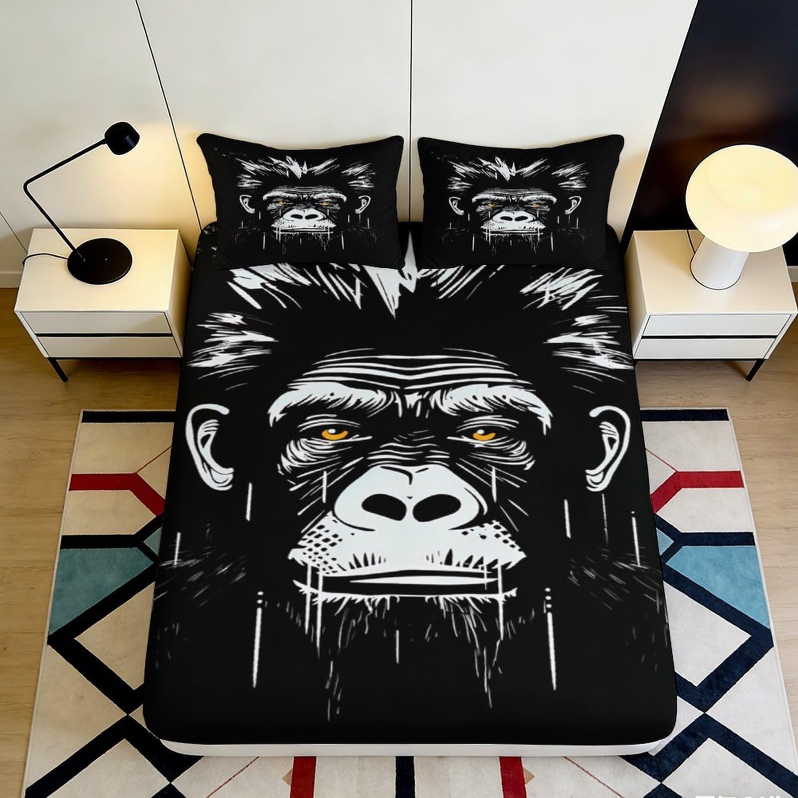 3D Printed Gorilla Face Fitted Sheet Microfiber Black Artistic Bed Cover for Bedroom Guest Room Mattress Protection 90x200x25cm