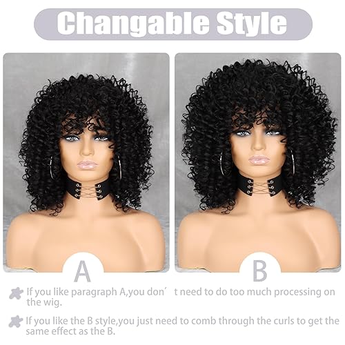 Miniatura 5 de Peluca rizada estilo afro para mujer, fibras sintéticas resistentes al calor (color negro, tamaño 16 pulgadas) con flequillo y casquillo de peluca