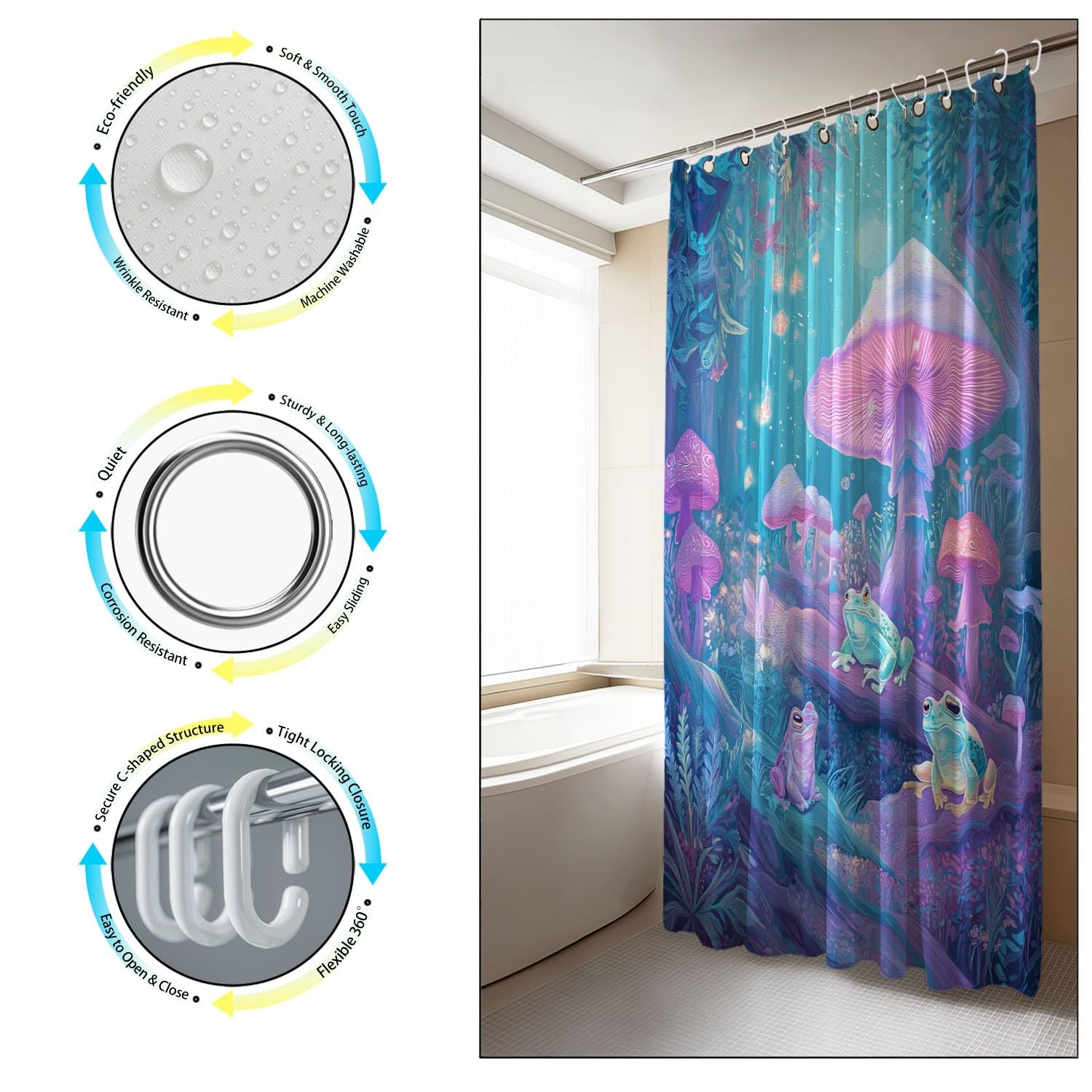 Generico Tenda da doccia Carino Fungo Rana, Ciano Rosa tenda da doccia Fantasia per il bagno, tessuto in poliestere impermeabile con ganci 180 x 200 cm Per La Vasca Da Bagno Casa E Hotel Caravan