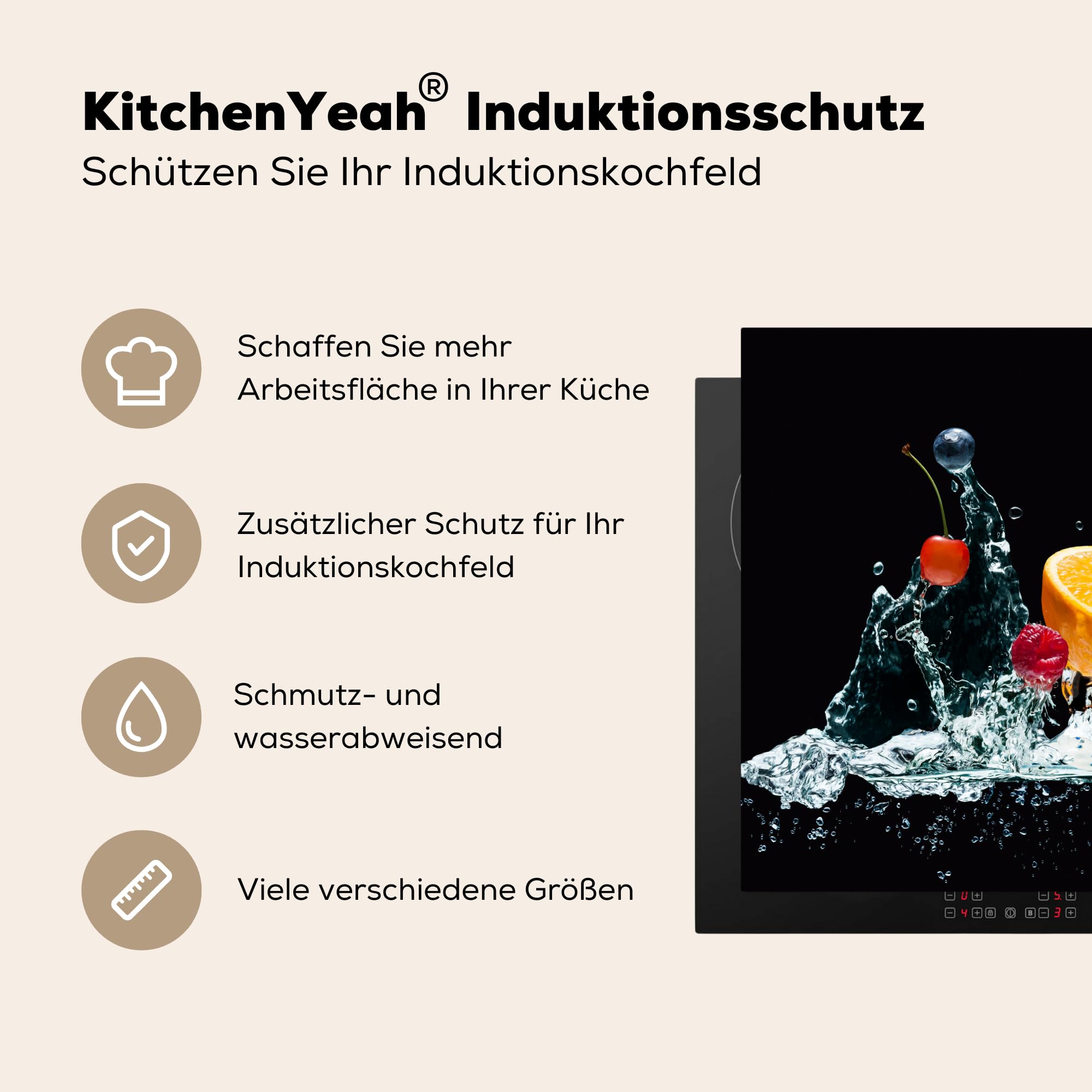 KitchenYeah© Herdabdeckplatte Einteilig Küche Ceranfeld Abdeckplatte Cerankochfeld Abdeckung Induktionskochfeld Schutzmatte Wasser - Obst - Orange - Erdbeeren - Kirsche - Schwarz - 60x52 cm
