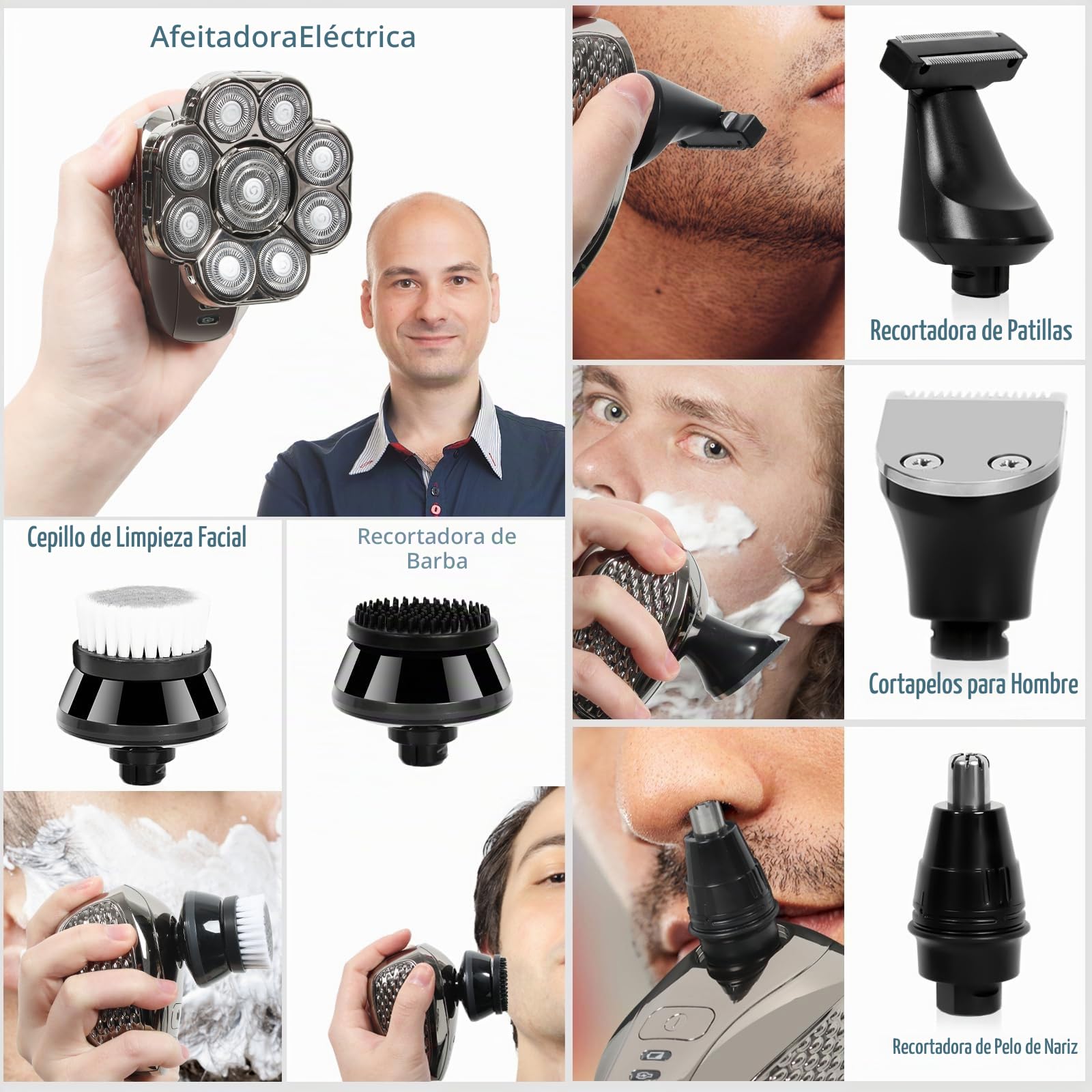 Afeitadora Eléctrica Hombre, 9D 6 en 1 Afeitadora Cabeza para Calva Recargable Maquina de Afeitar Hombre Calvo Impermeable en Seco y Húmedo Afeitadora de Cabeza para Calva Barba Nariz Orejas Corporal