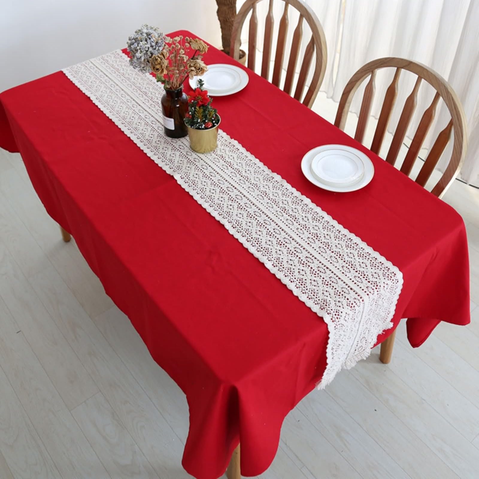 Tischläufer Hochzeit Baumwolle, Tischläufer Schmal Modern 24x200 cm, Hohlgehäkelt mit Quasten, Weiß