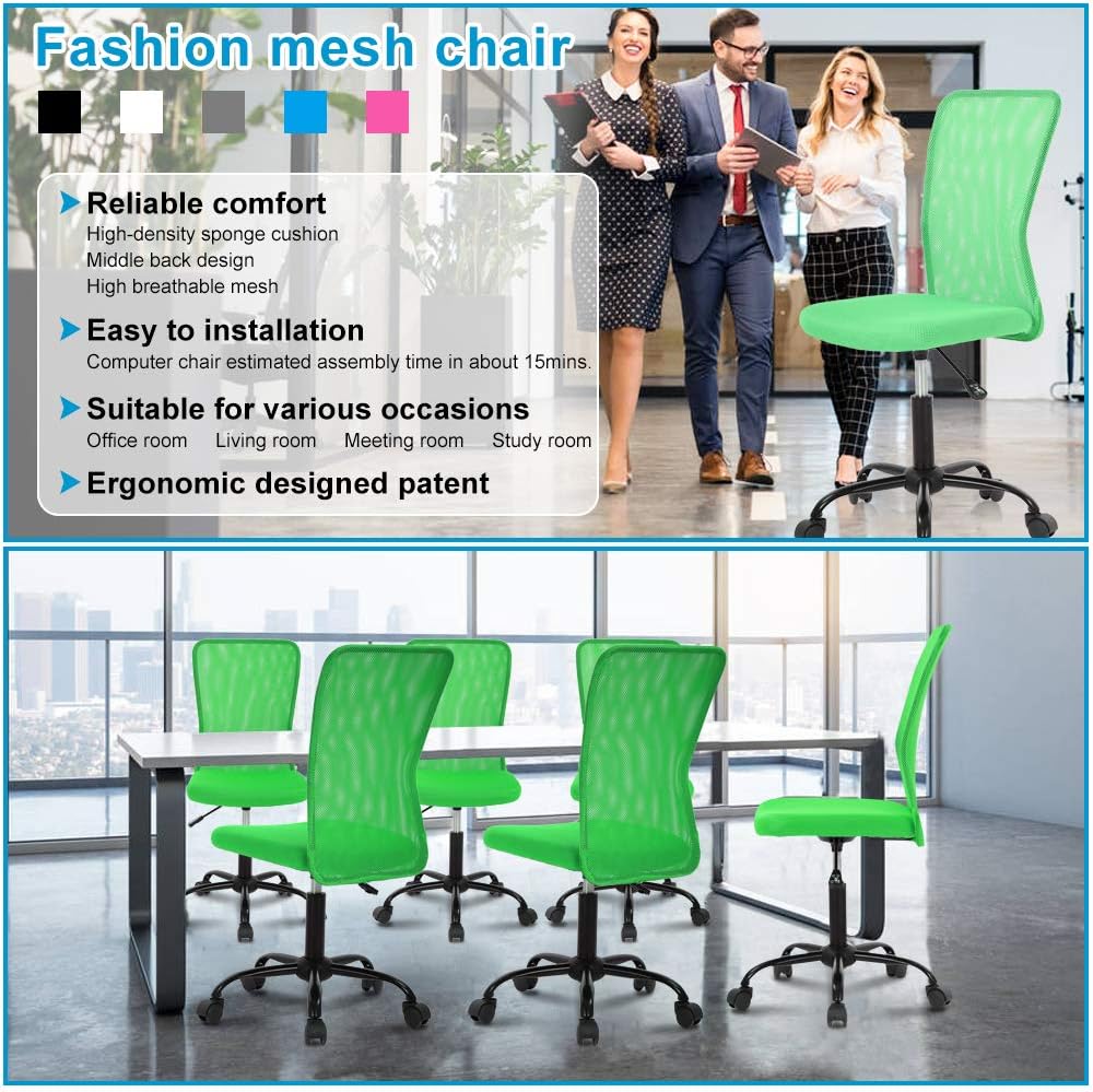 Home Office Chair Computer Chair Mid Back Mesh Chair Desk Chair Height Adjustable Small Task Chair No Armrest Cheap Rolling Swivel Chair Student Office Chair with Wheels, Green