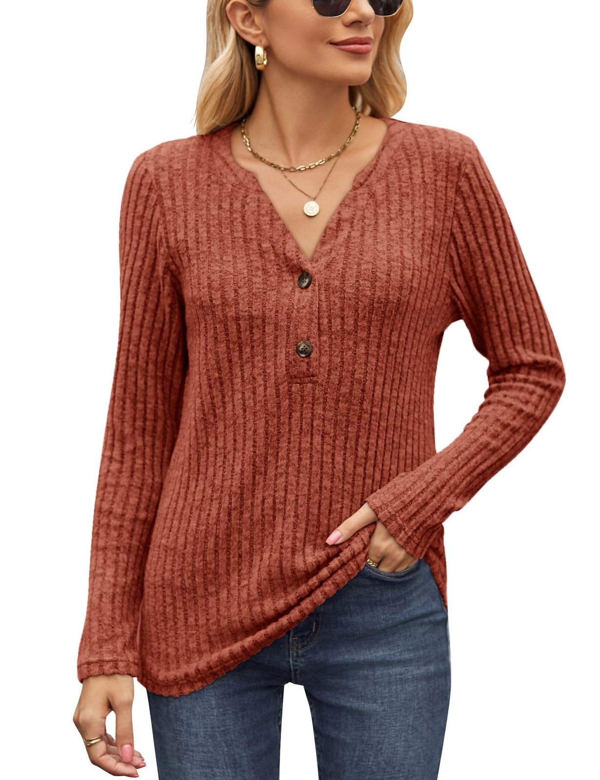 Sponsored Ad – Womens Long Sleeve Tops Casual V Neck Jumpers Ladies Solid Lightweight Knit Tunic with Button