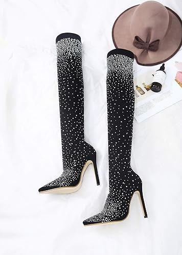 Miniatura 6 de Calcetines de malla elástica fina para mujer con brillantes glamour, botas de tacón alto con diamantes de imitación