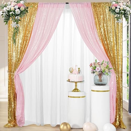 4 paneles de cortina de lentejuelas doradas y rosas de 2 x 8 pies, cortinas de fondo de lentejuelas con purpurina para decoración de fiesta de