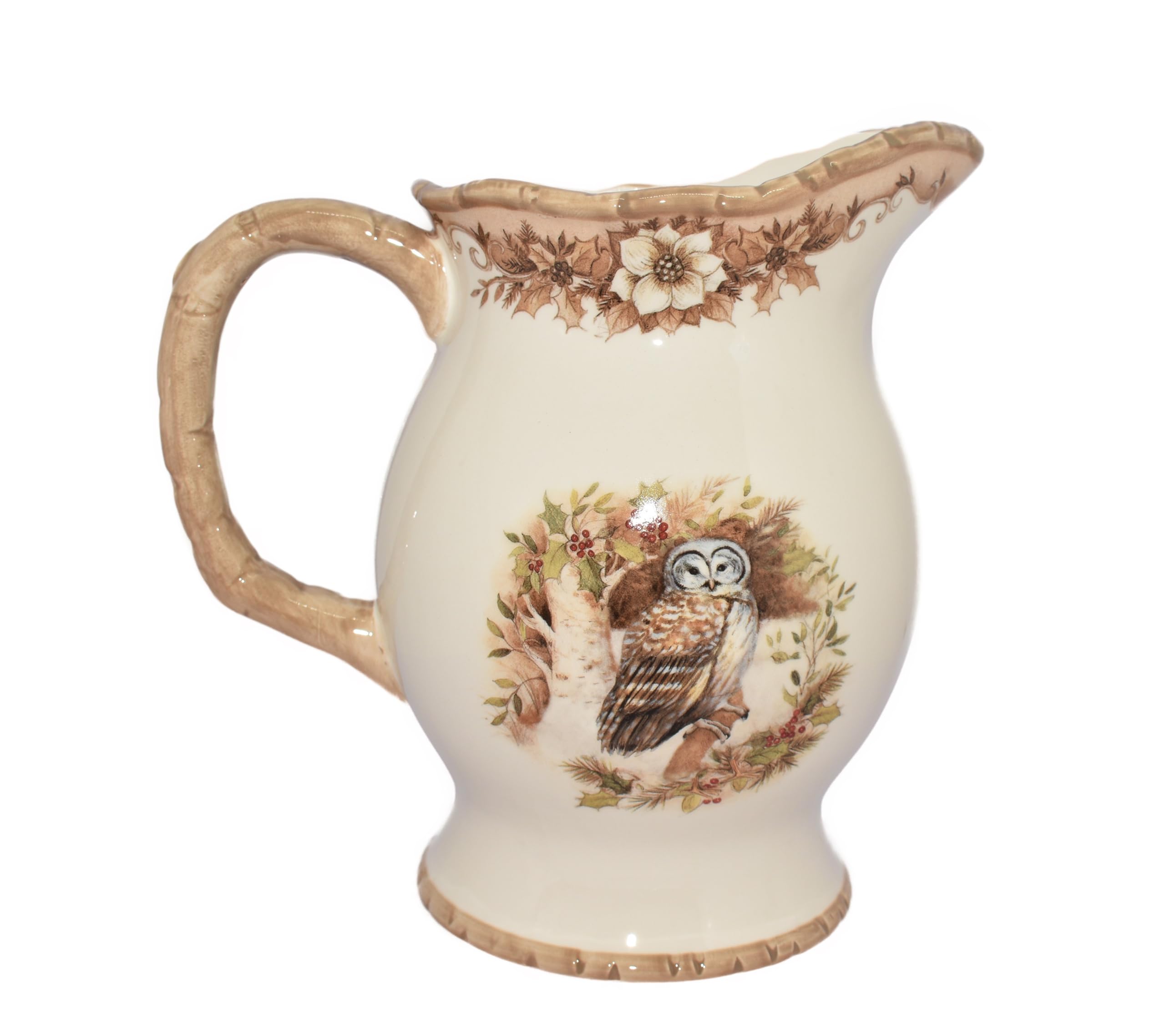 Generic Beautiful Owl in Birch Tree with Holly Leaves, Berries and Dogwood Flowers Water/Juice Serving Pitcher Woodland Collection, Off-White