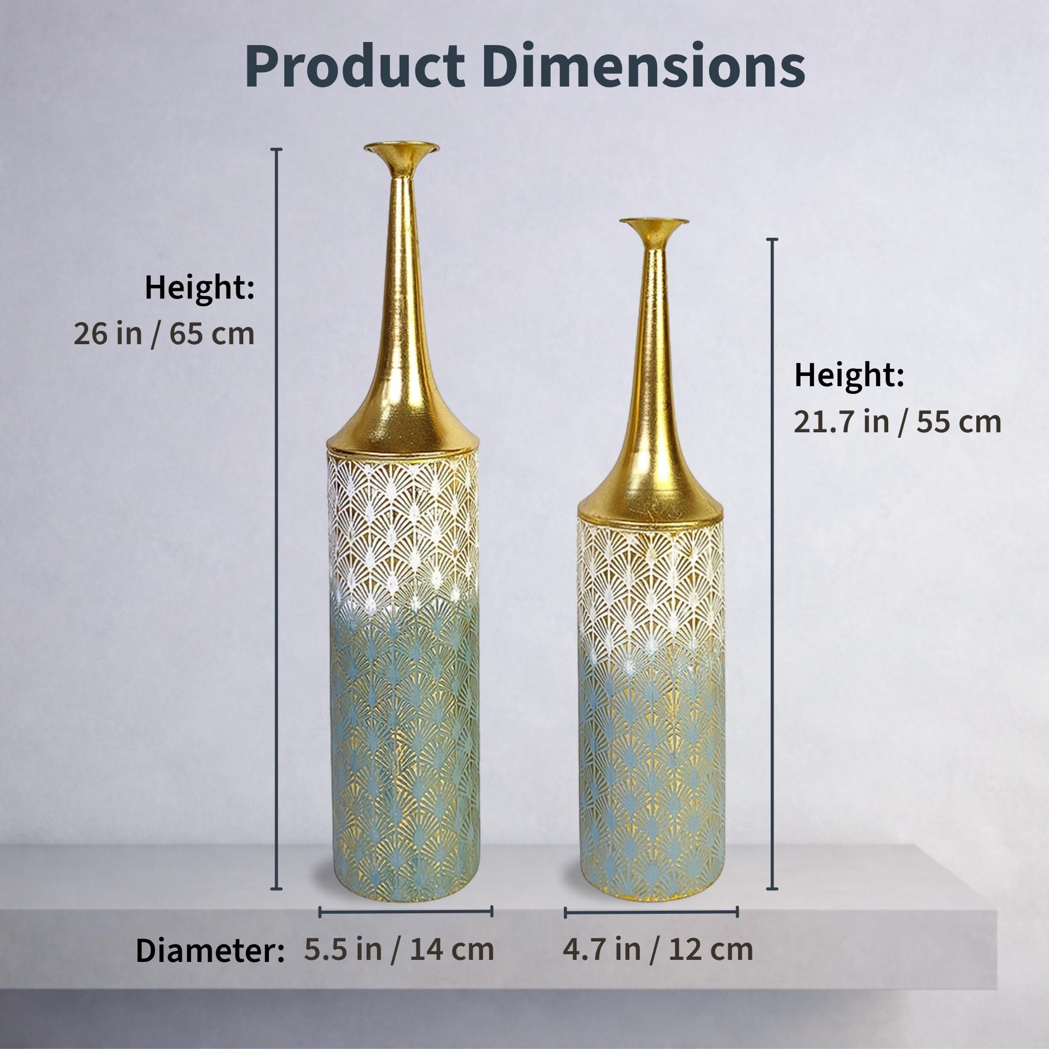 Leewadee Große Bodenvasen im 2er Set 65/55 cm - Hohe Metall Deko Vasen in Gold für Wohnzimmer Dekoration