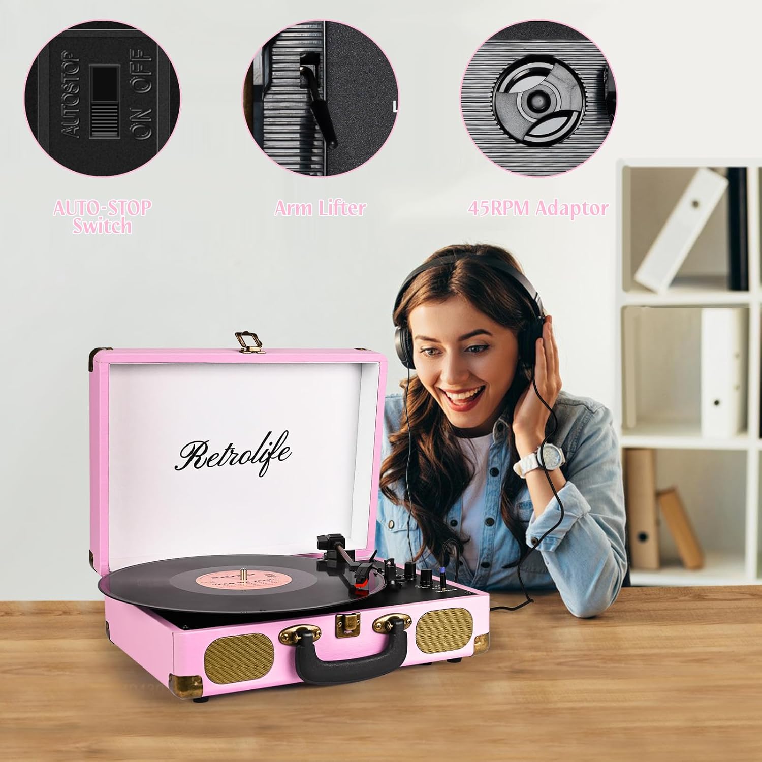 Vinyl Record Player 3-Speed Bluetooth Suitcase Portable Belt-Driven Record Player with Built-in Speakers RCA Line Out AUX in Headphone Jack Vintage Turntable Pink