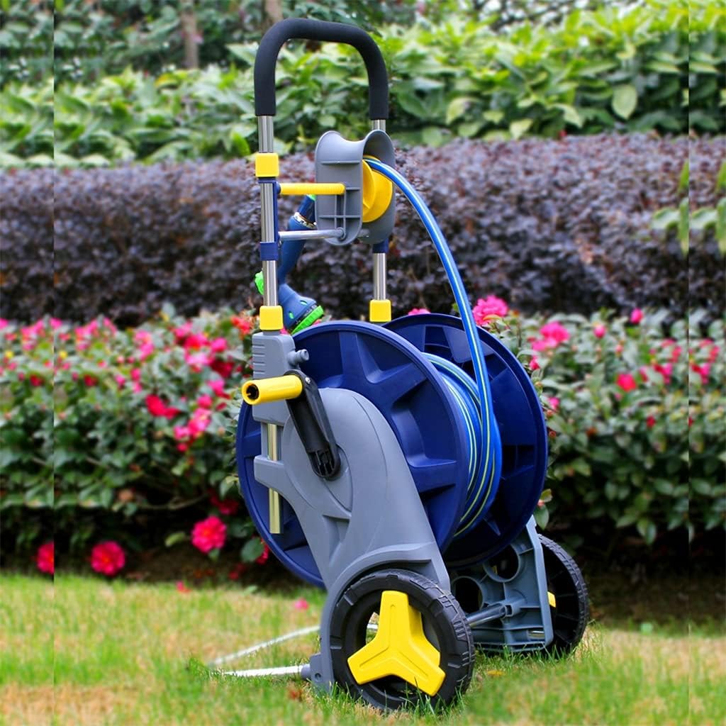 Garden Hose Reel Cart with Hose Household Car Wash ABS+Aluminum Alloy Splicing Water Pipe Cart Rack Retractable Garden Watering Hose Frame Set (Color : Blue Size : +DN15 20m Pipe) (Blue +DN50 50m More