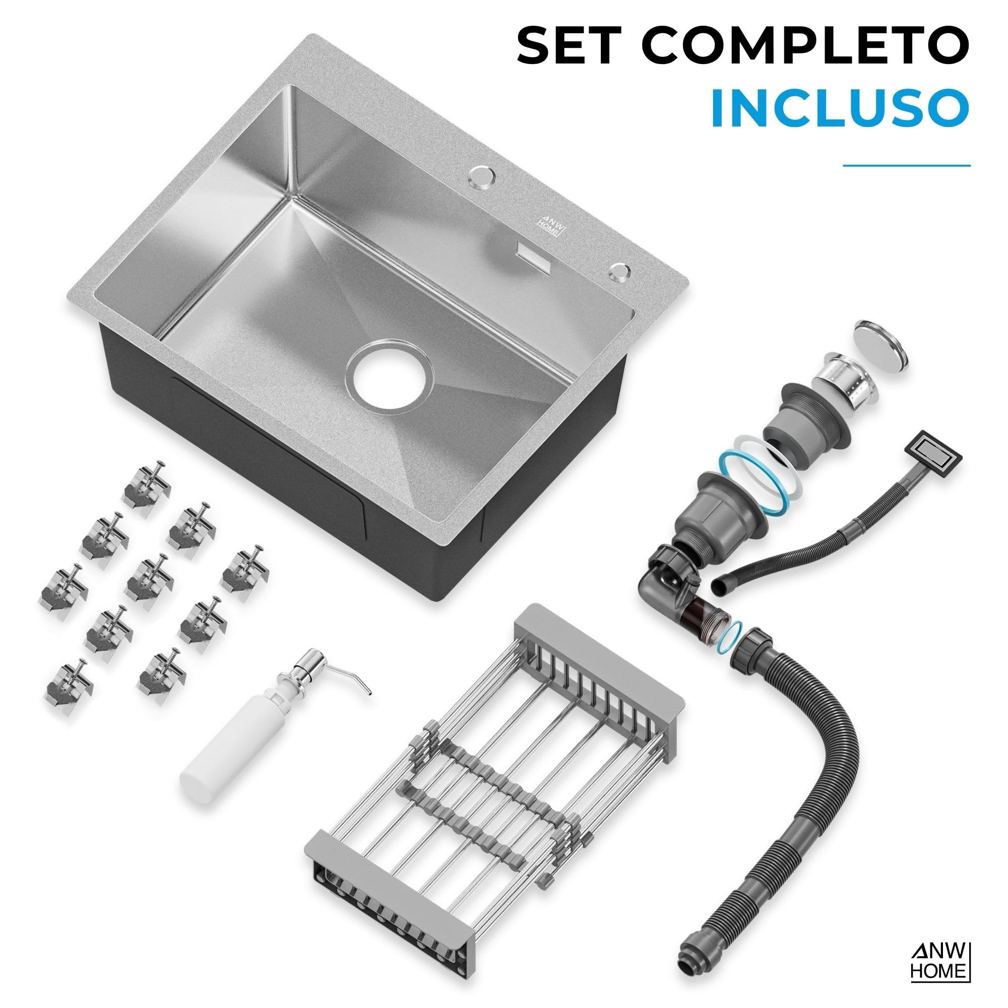 ANW HOME Lavello Cucina 1 Vasca, Lavandino Cucina in Acciaio Inox 304 con Montaggio Superiore, 60x50 cm, Argento, Finitura Nano, Spessore 3+1 mm, Profondità 22 cm, con Sifone