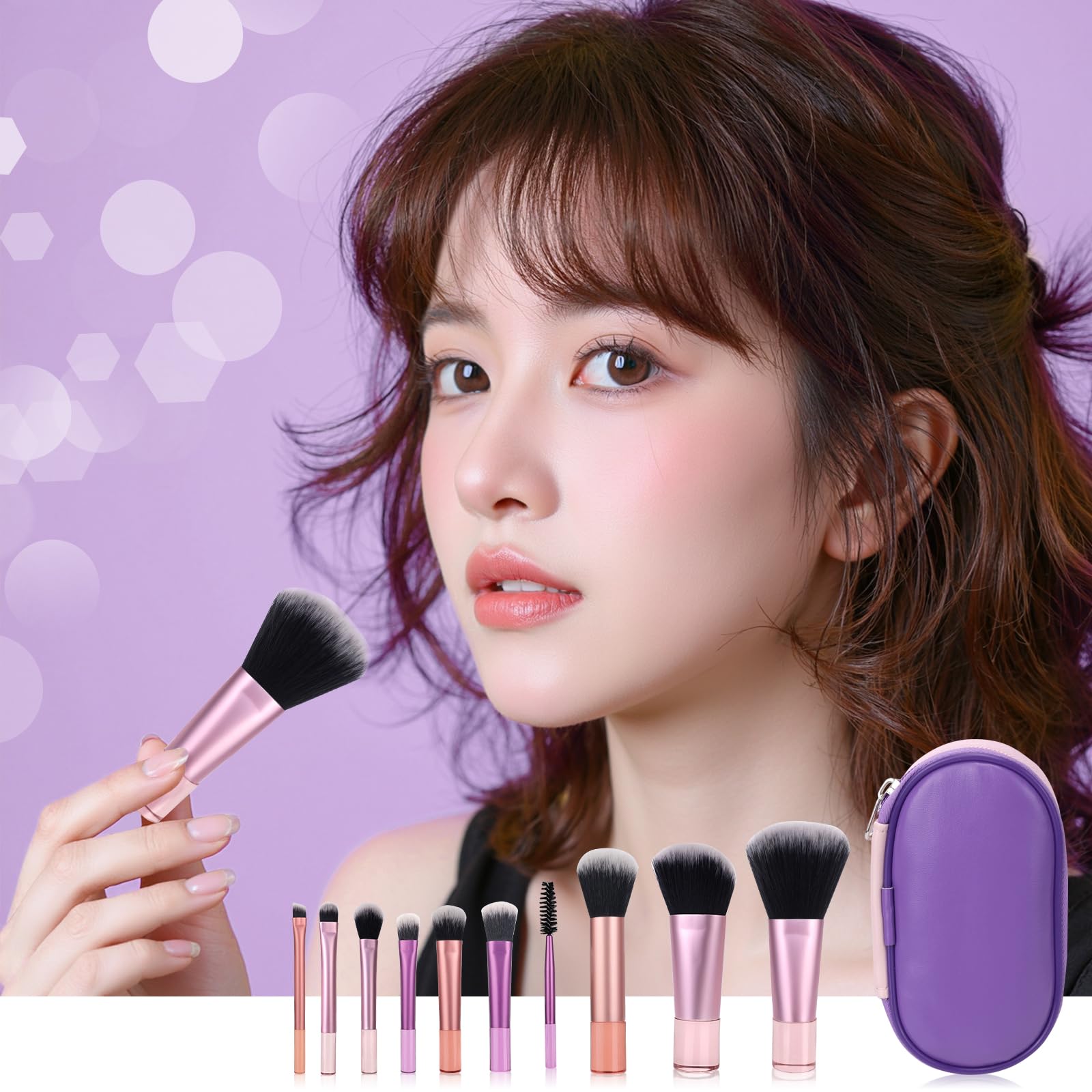 Mini Set di Pennelli per il Trucco, Set di Pennelli per il Trucco da 10 Pezzi da Viaggio con Borsa in Pu, Set di Pennelli per Cosmetici Portatile per Viaggi d'Affari, Vacanze, Campeggio (Rosa e Viola)