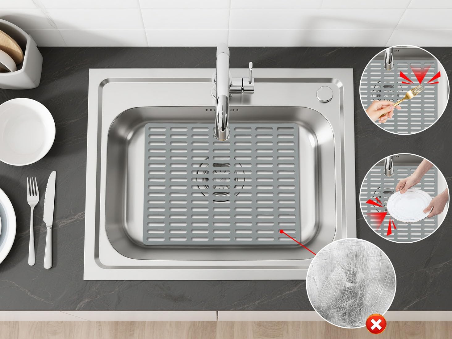Kitchen Sink Mat, Sink Protector, Silicone Mat, Heat Resistant, No Smell, Raised Feet, 16.34” x 12.8”