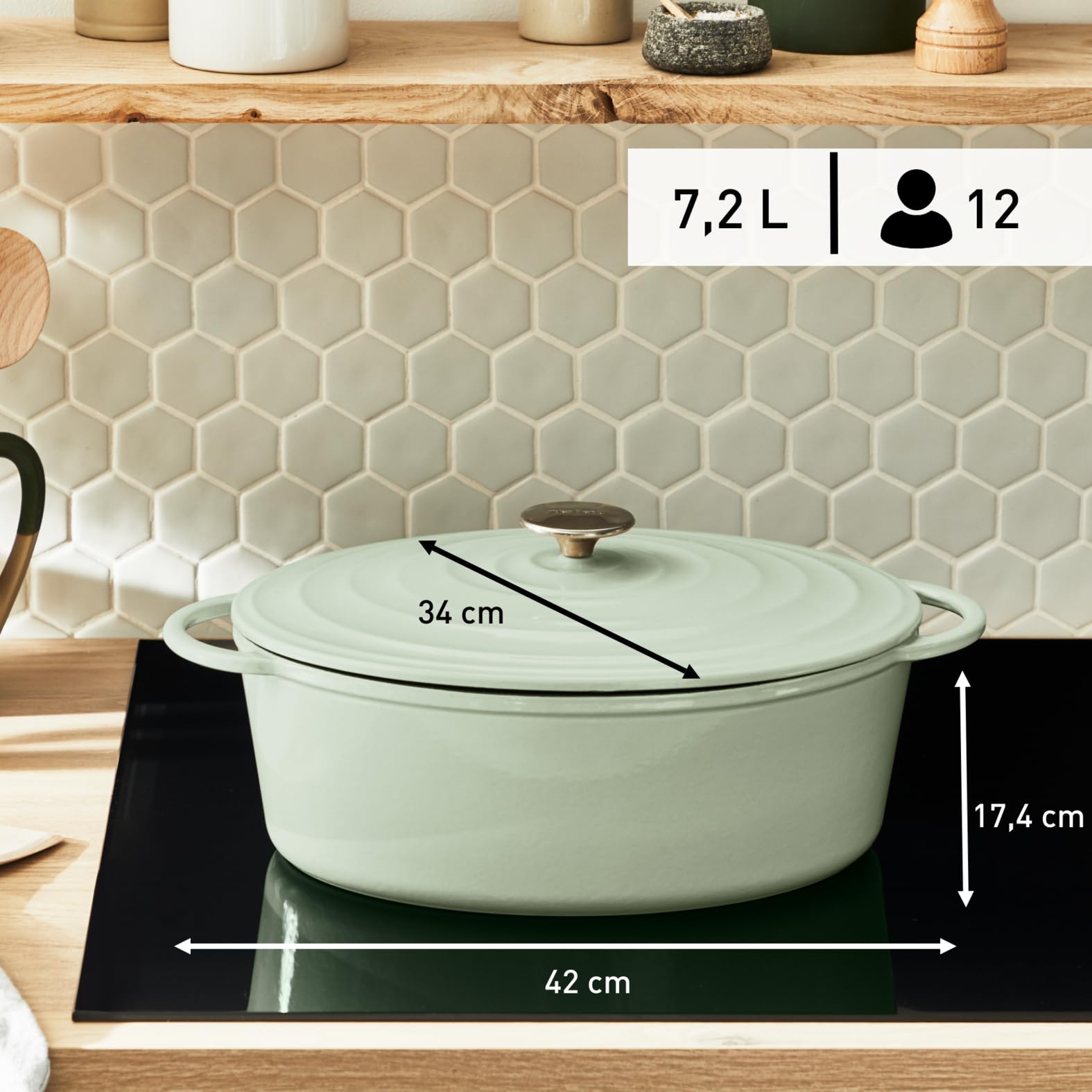 Tefal LOV naczynie do zapiekania 34 cm nieprzywierające żeliwo indukcyjne 7,2 l z pokrywką liszaj zielony E2580604