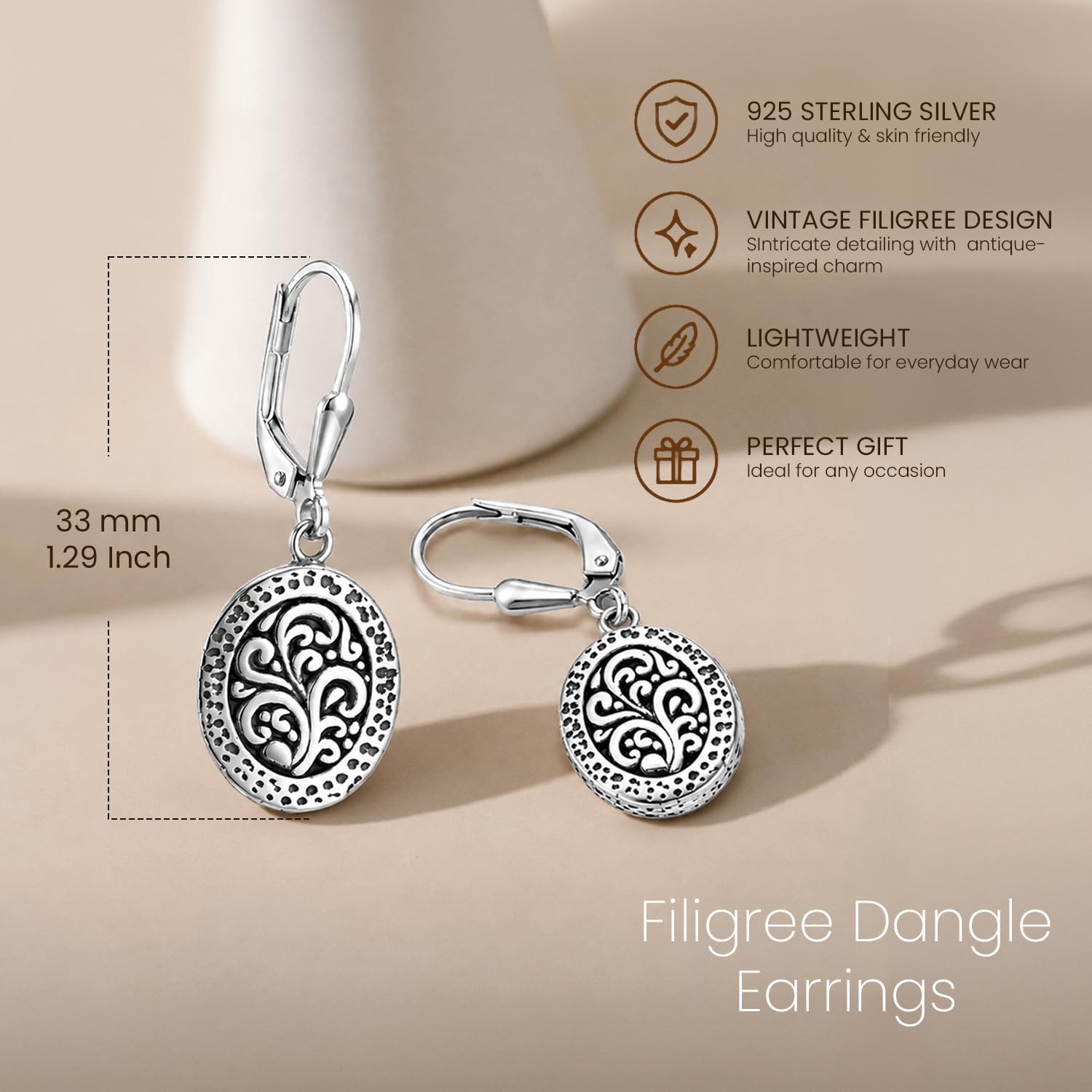 LeCalla 925 Sterling Silver Antique Earrings for Women | Filigree Leverback Dangle Earring | Drop Dangle Earrings for Women | Oxidized Silver Jewelry for Her Mom Wife