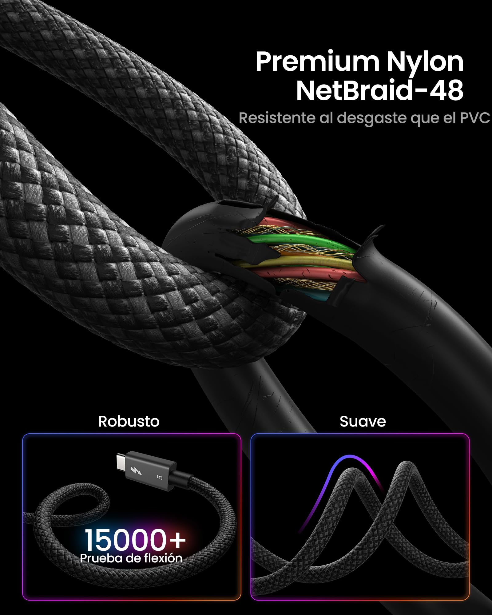 Silkland Certificado Intel 80Gbps Cable Thunderbolt 5 1M Prime Trenzado, hasta 120Gbps con Bandwidth Boost, Dual 8K/6K, Carga Rápida 240W, Compatible con Thunderbolt 4/3, USB4, MacBook M4 Pro, SSD