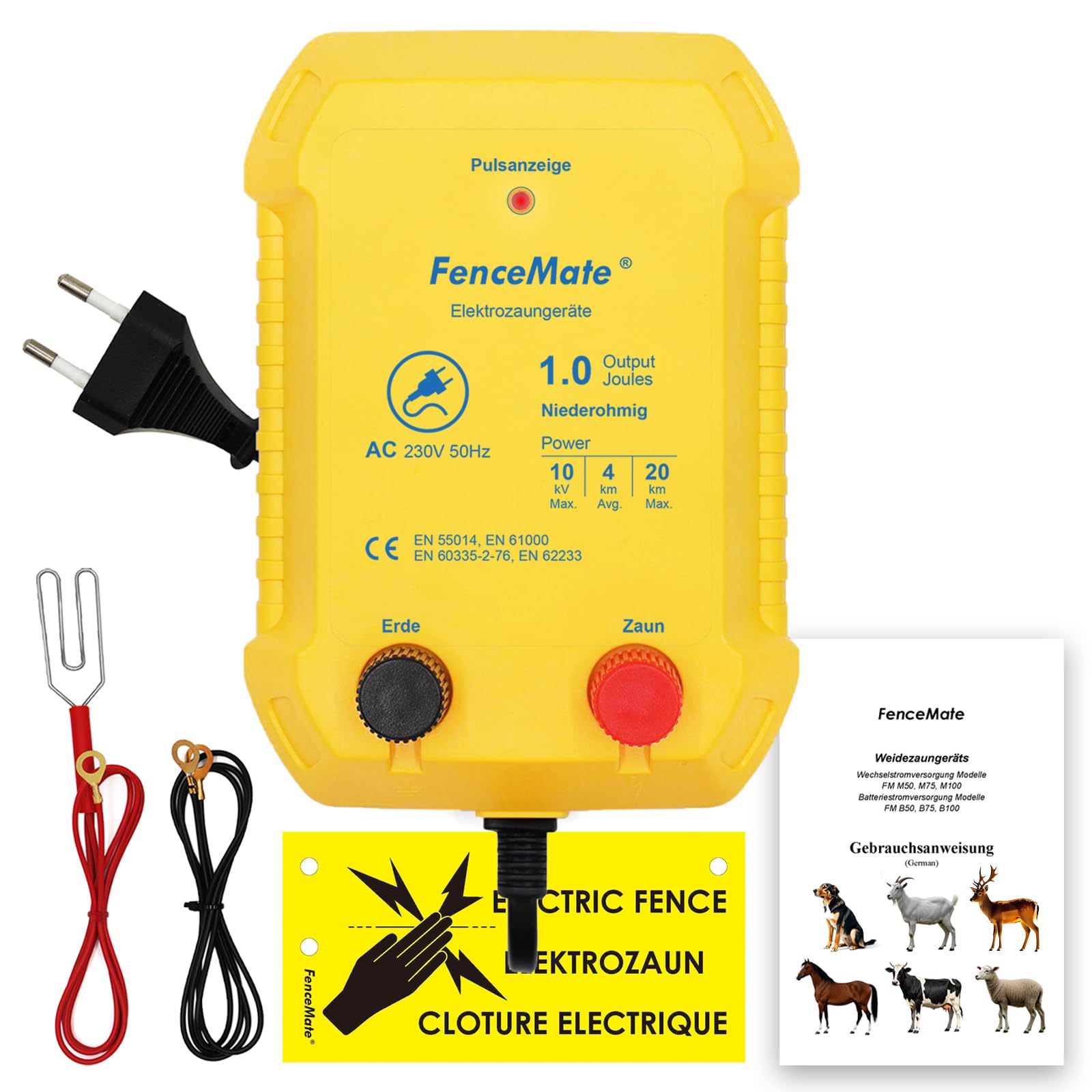 FenceMate Électrificateur de clôture 230 V 1 joule de sortie pour 4 à 20 km, faible impédance, tension de crête 10 kV pour volaille, bétail, animaux de compagnie, appareil de commande pour protéger