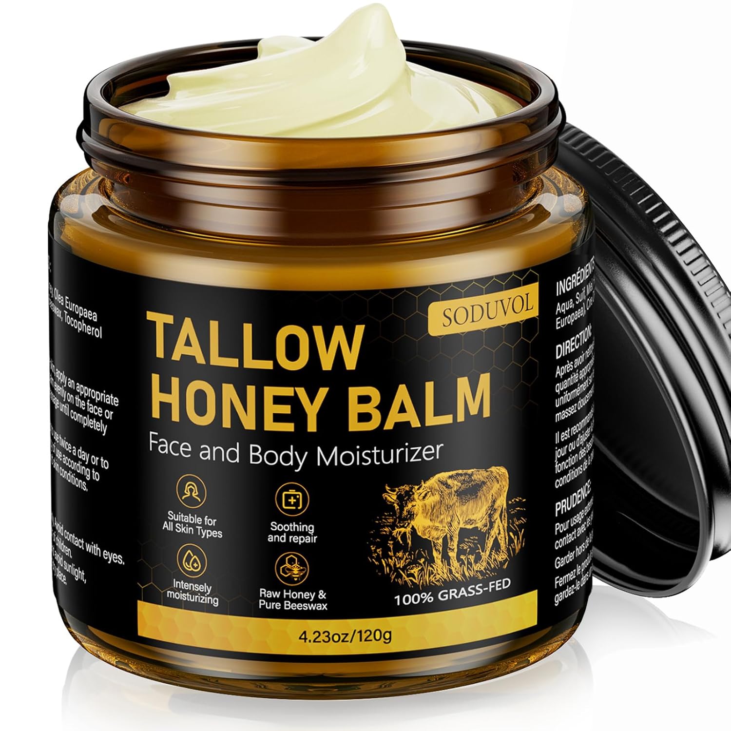 Organic Beef Tallow Honey Balm for Skin, Body & Face Moisturizer, Whipped Grass Fed Cow Tallow Cream with Raw Honey, All Natural Pure Body Lotion for Soft Smooth Skin, Unscented 4.2 OZ