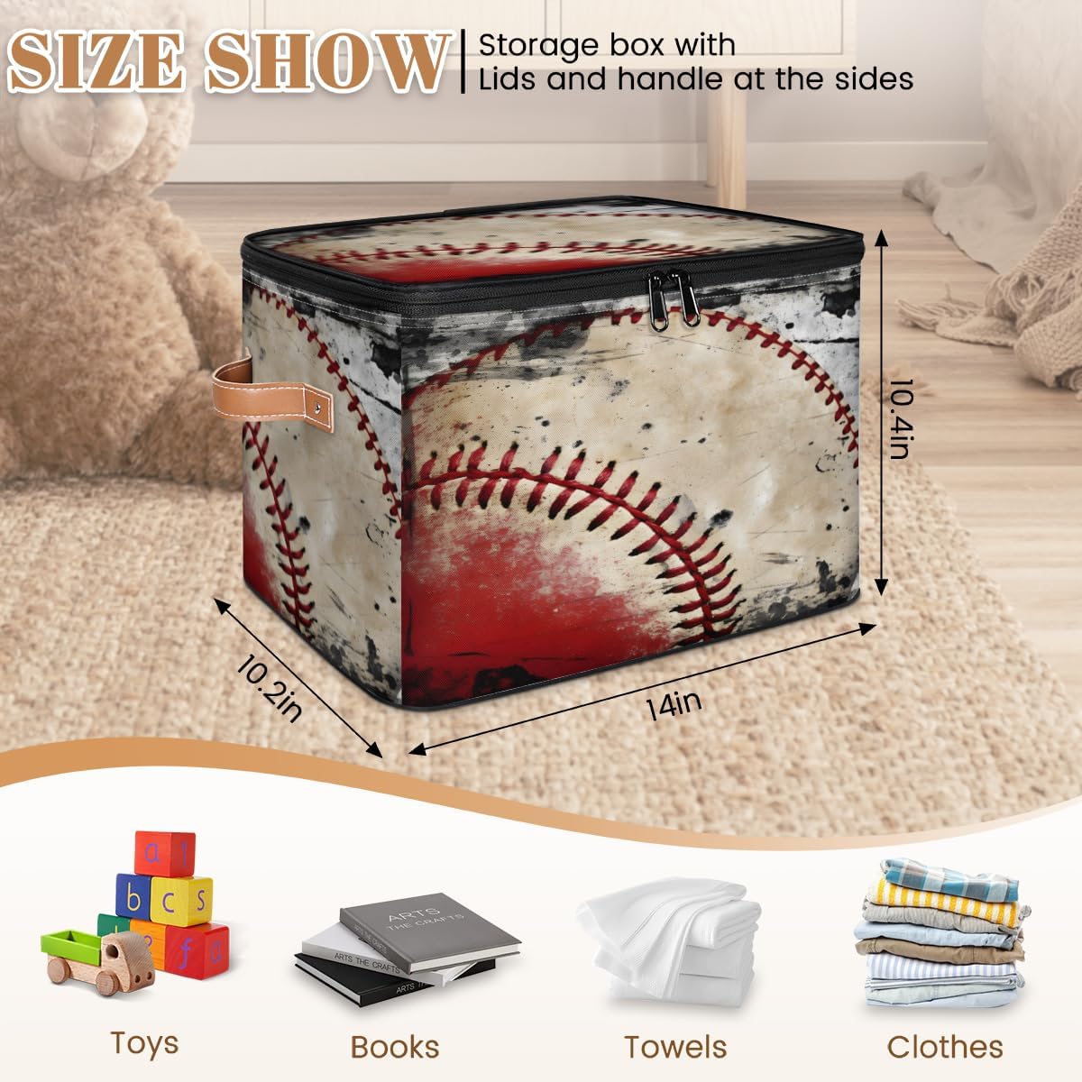 Storage Bin Set of 2 Retro Baseball Storage Basket with Zipper Lid & Handle Foldable Closet Shelf 2 Pack Cloth Organizer Basket Cube Bins Clothes Organizer for Bedroom, Nursery