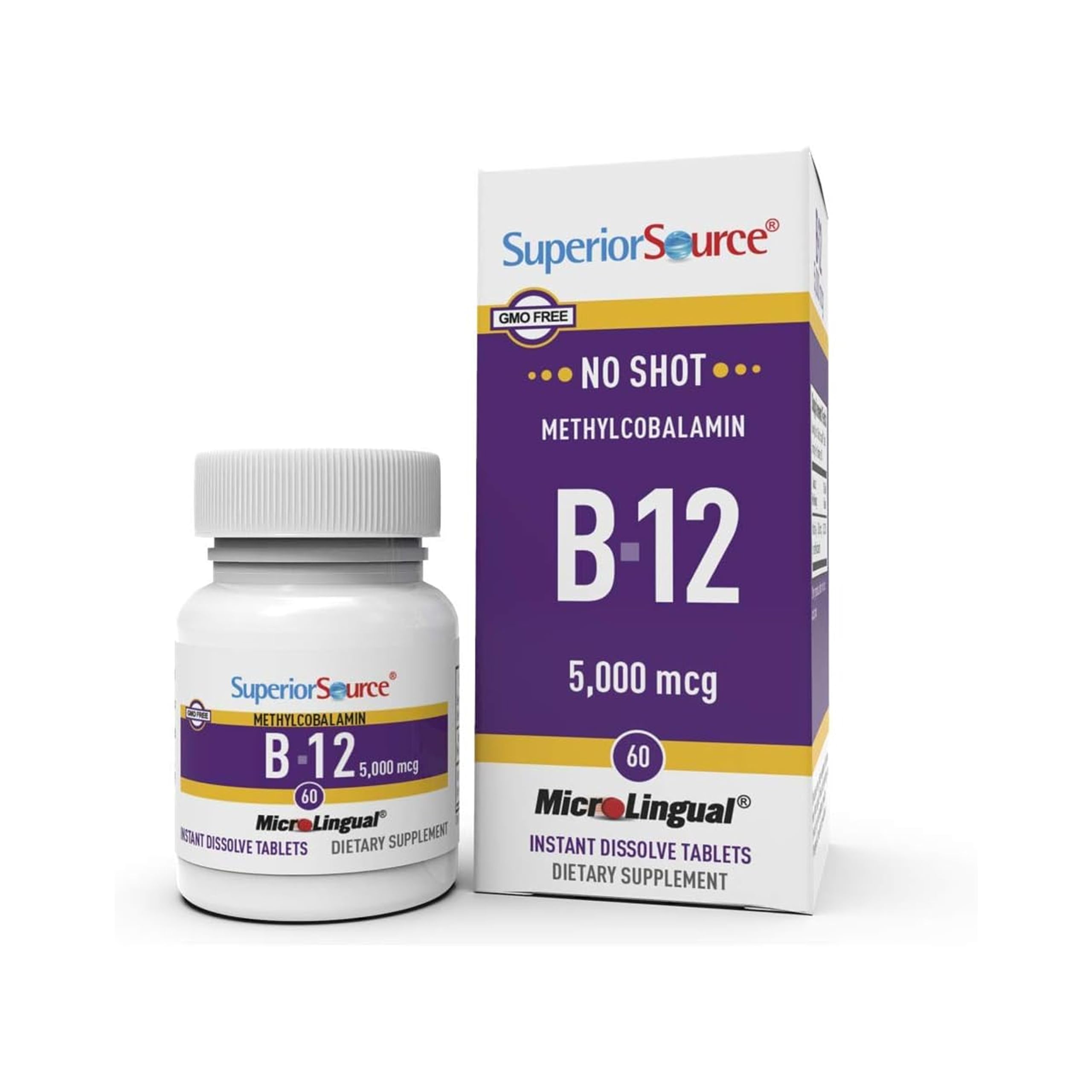 Superior Source No Shot Vitamin B12 Methylcobalamin 5000 mcg, Quick Dissolve MicroLingual Tablets, 60 Count, Active Form of B12, Supports Energy Production, Nervous System Support, Non-GMO