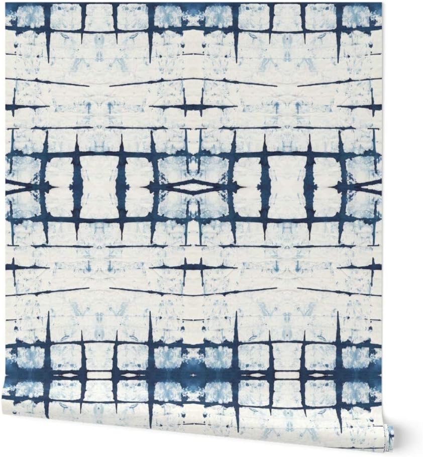 Spoonflower Removable Wallpaper 9ft x 2ft - Faded Indigo Shibori Blue Geometric Tie Dye Japanese Plaid Navy White Abstract Boho Custom Pre-Pasted Wallpaper