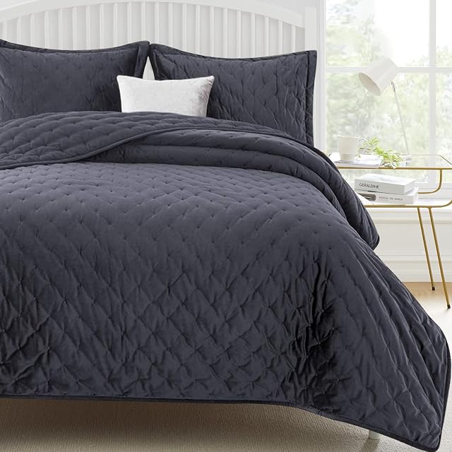 Aspire Homeware Bedspread - Quilted Bedspreads Double Size Crushed Velvet Charcoal Bedding Bed Spread Quilt Coverlets Sets with Pillow Shams Ultra Soft 3 Pcs Bed Throws