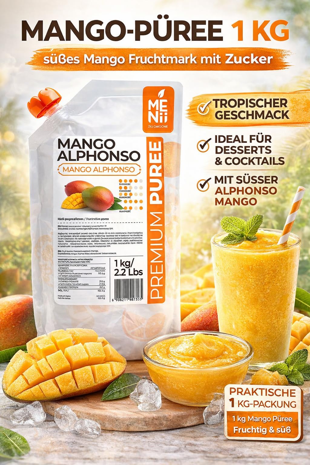 Puree Alphonso 1 kg z cukrem – Tropiczne przecierowe owoce do deserów, ciast, lodów, smoothie, drinków, sosów i nadzień – Profesjonalne opakowanie dla gastronomii, cukierni i domowych wypieków