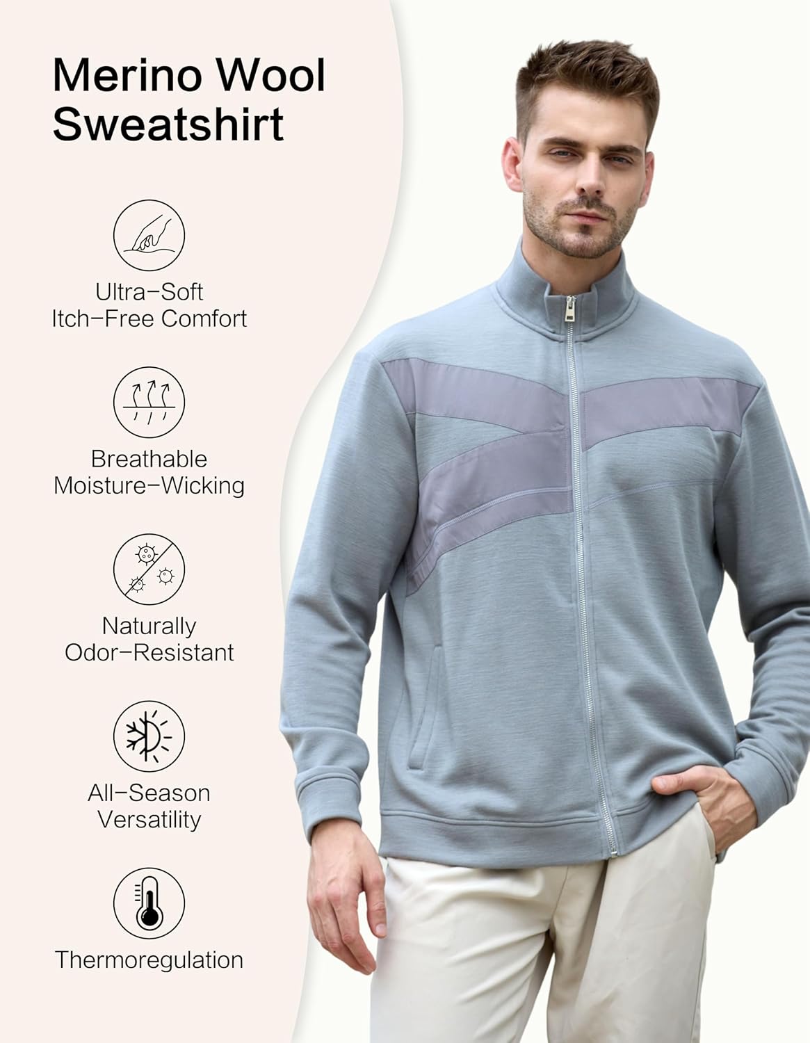 Full Zip Men’s Merino Wool Jackets & Coats for Running Track, Warm Jackets for Men, Mens Zip Up Sweatshirt No Hood - Image 4