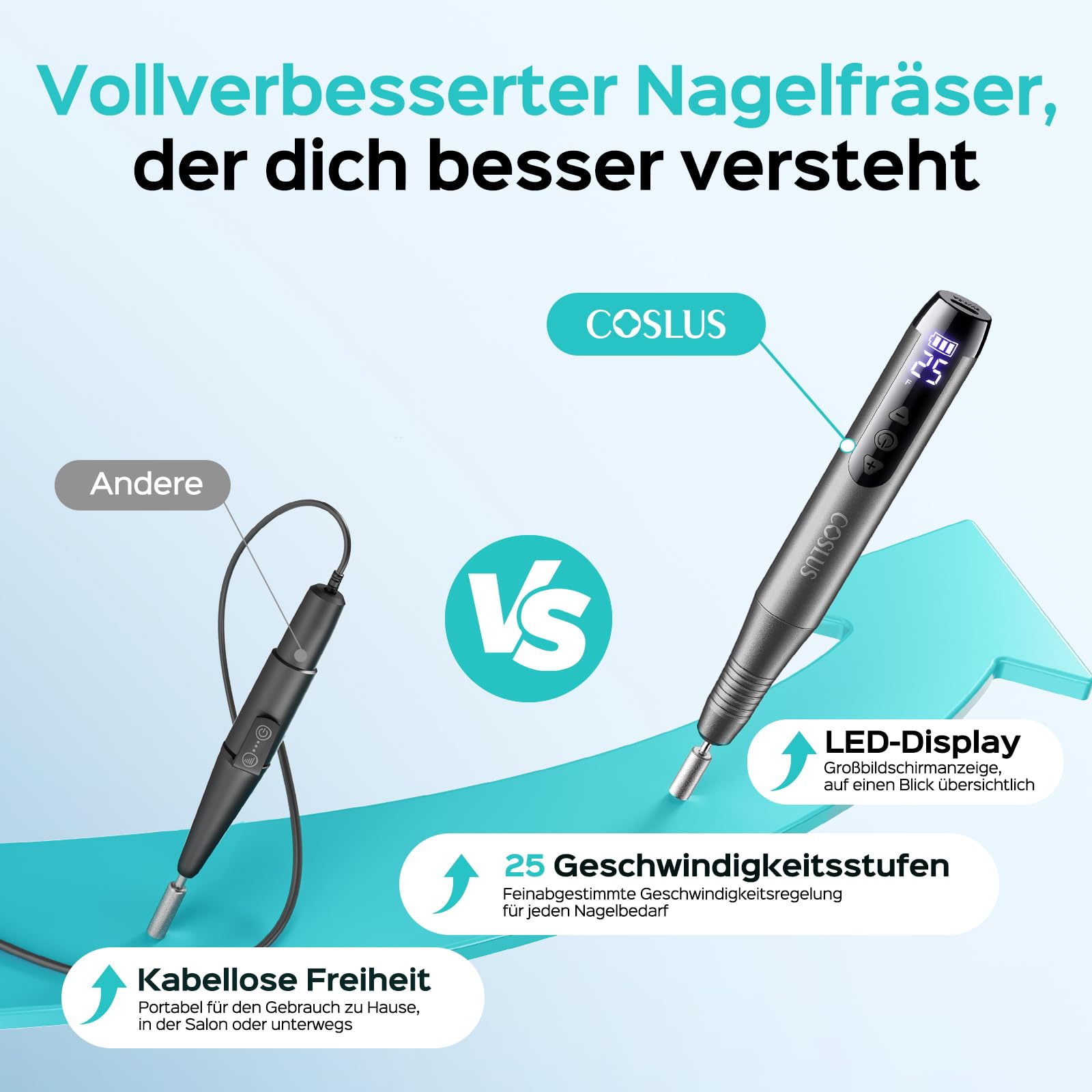 COSLUS C51 Kabellos Tragbar Elektrischer Nagelfräser: Elektrische Nagelfeile für Gelnägel 35000 u/min Nail Drill mit LED-Display & 25 Geschwindigkeiten für Nägel & Acrylnägel portabel für Reisen, Grau