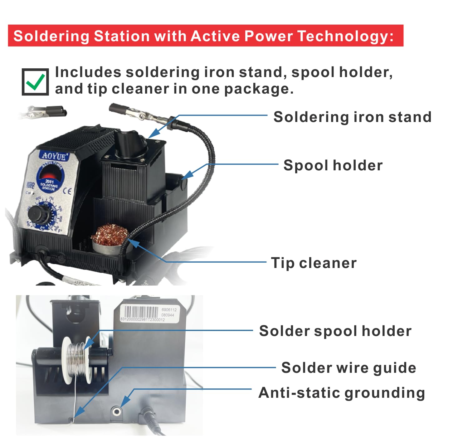 Aoyue 2981 Kit stazione di saldatura di precisione per riscaldamento rapido, compatibile con punte T-12 Style Active Power, tensione sicura 12 V, pulitore punte, porta bobina, pinzette, strumenti di