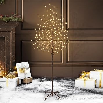 Fencer Wire 6 Ft Lighted Cherry Blossom Tree with Lights, 72 Inch Artificial Cherry Blossom LED Tree, 208 Warm White Petal Lights, Faux Twig Tree with Foldable Stand, Indoor Decor