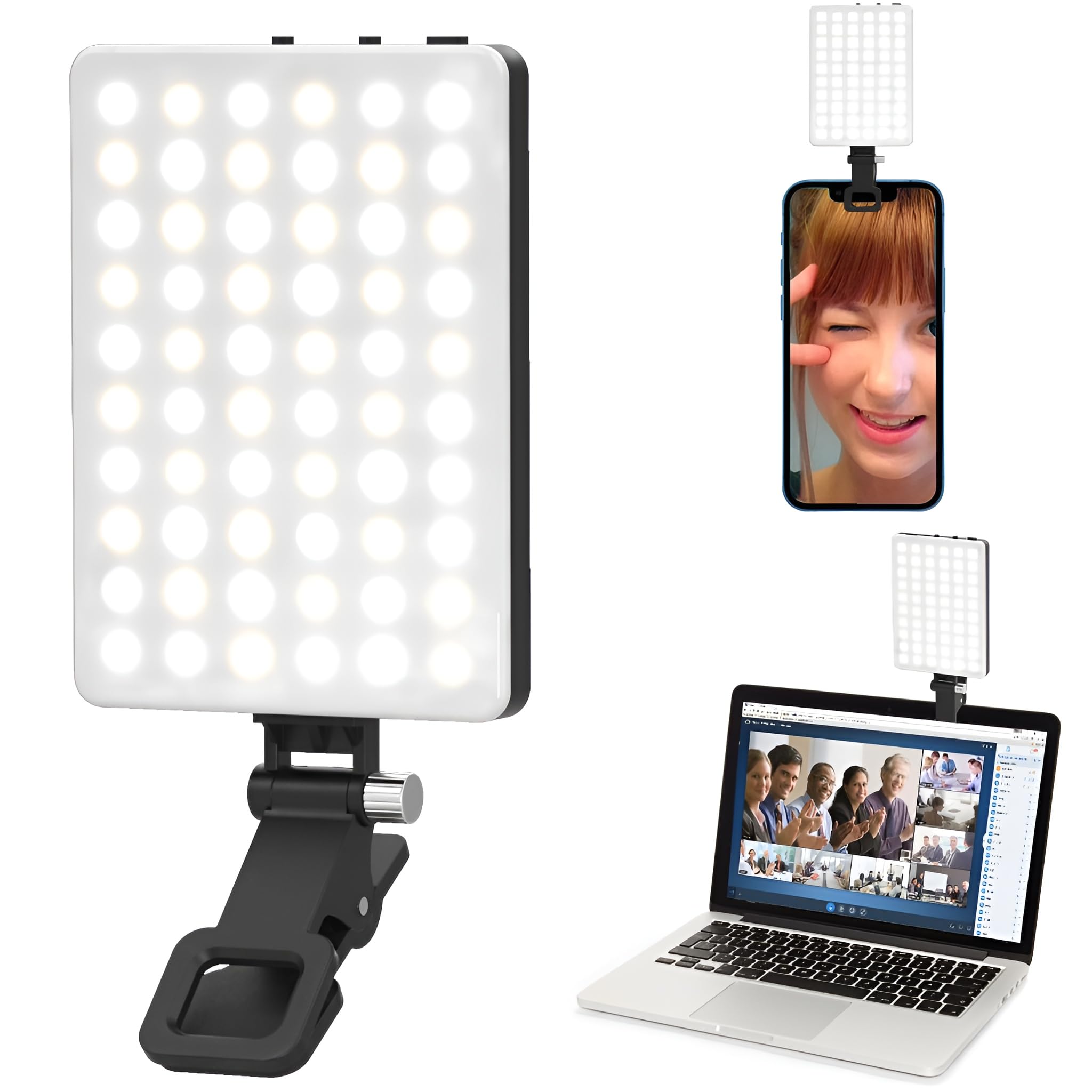 Portable Selfie Light,Rechargable 60 LED Phone Lamp with Clip & Double 1/4" Screw Hole,2500k-9000K Dimmable Camera Light for Phone/Laptop/Camera, for Selfie/Video