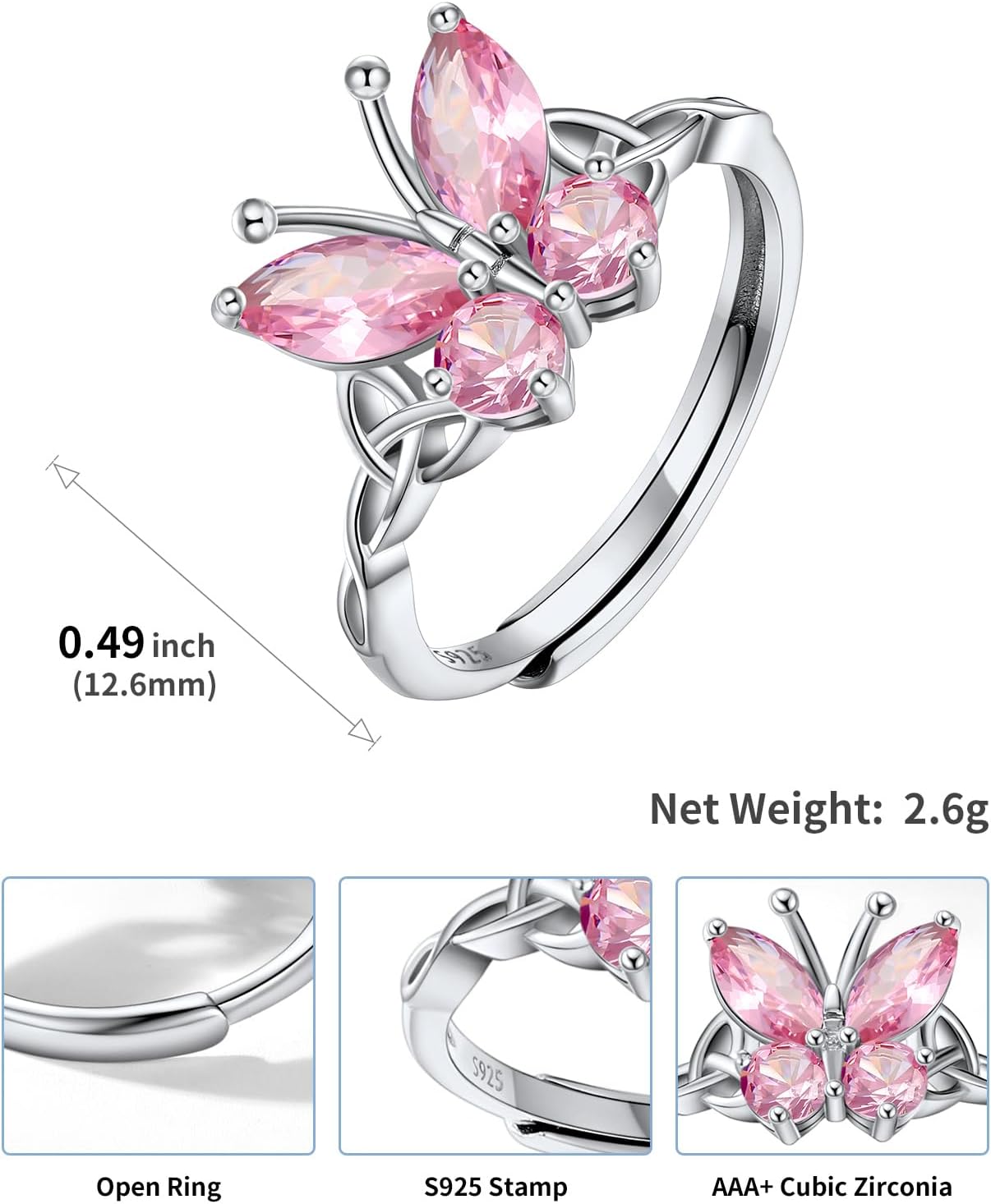925 Sterling Silver Butterfly Ring,Adjustable Silver Birthstone Rings for Women,Dainty Butterfly Stackable Rings Gifts for Her