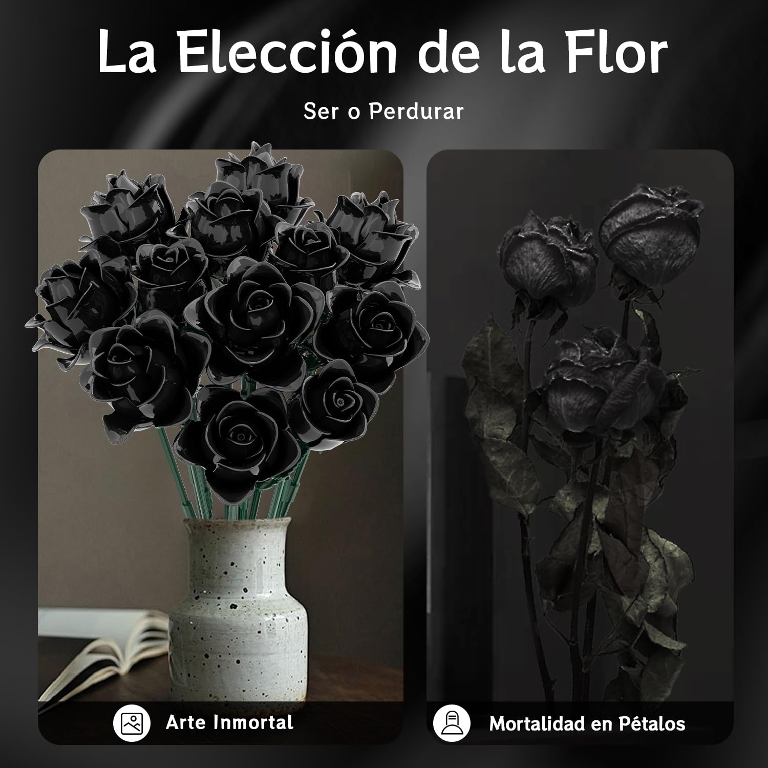Mavo brix Set de Ramo de Rosas Negras, Colección Botánica de Flores Artificiales para Adultos, Decoración Gótica para el Hogar Mujeres y Niñas, 585 Piezas