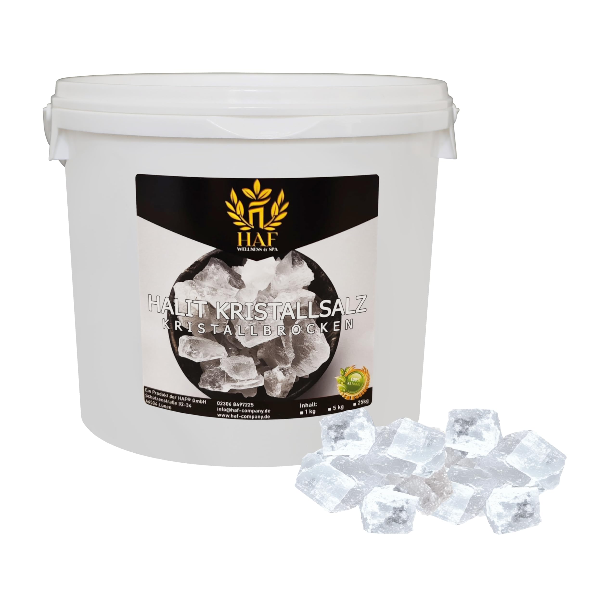 HAF® Weiße Halit Salzbrocken 5 kg | Grobe Steinsalz Brocken ohne Zusätze und naturbelassen aus der Salt Range in Pakistan | Salzsteine | Solebrocken | Größe: 2-5 cm | Menge: 1 x 5 kg im Eimer