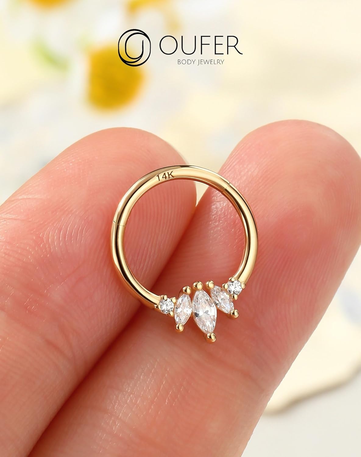 OUFER Septum Rings 16G, 14K Solid Gold Septum Ring, Clear Horse Eye Zircon Septum Jewelry, Hinged Segment Daith Piercing Jewelry, 10mm Daith Earrings For Women Men - Image 6