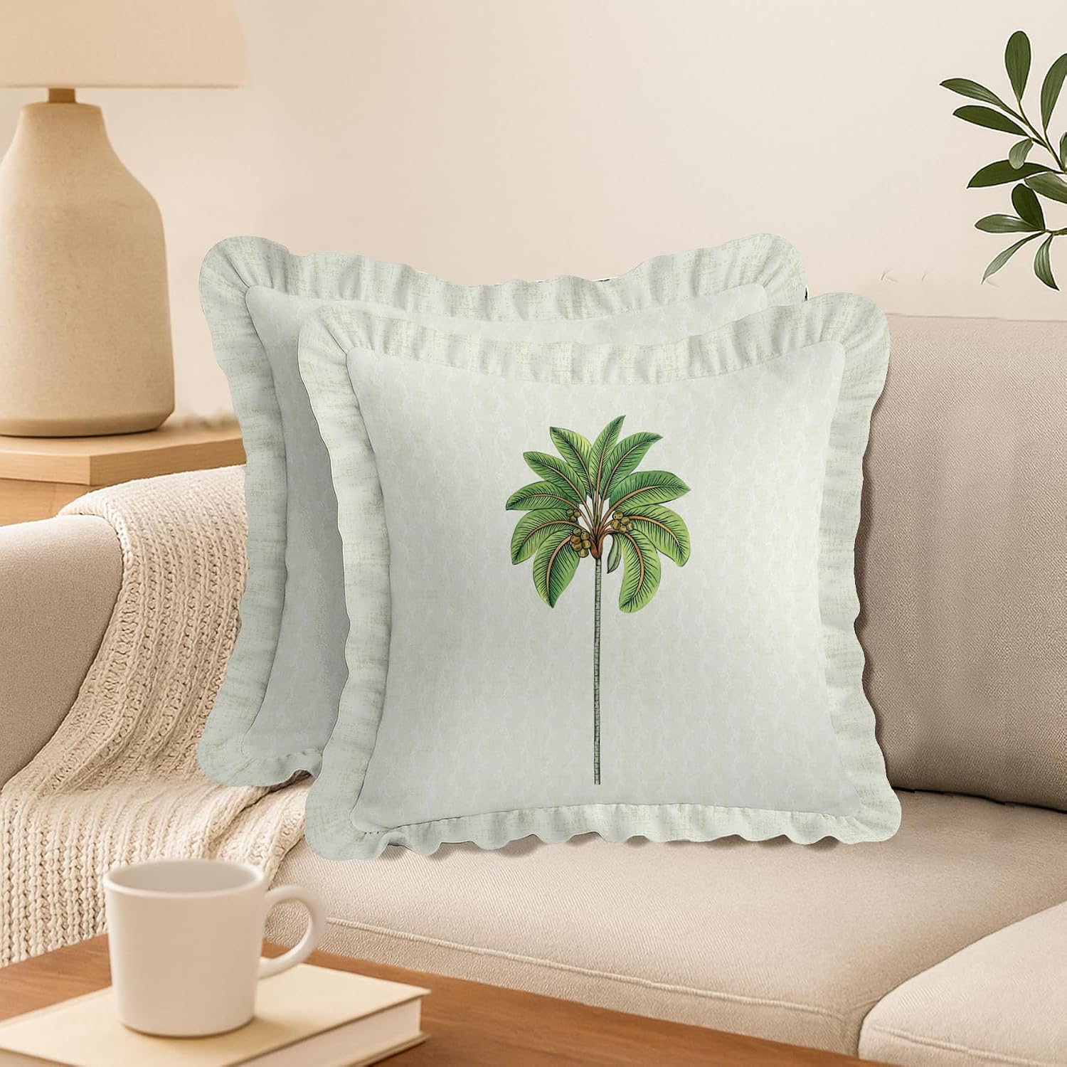 Cotton Twill Frill Cushion Covers 16 Inch Square, Set of 2, Reversible Print, Farmhouse Throw Pillow Covers with Hidden Zipper - Tropical Pattern