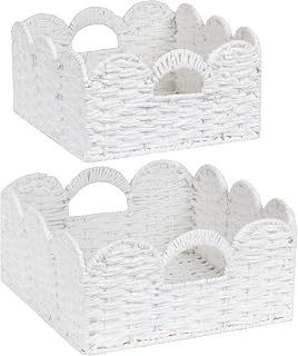 Scalloped Wicker Basket Natural Paper Rope Storage Baskets with Handles Handwoven Organizer Bin Wicker Storage Baskets for Home Decor, Organizing, 2 Pack (White)