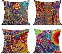 Sanwarm Set of 4 Boho Linen Throw Pillow Covers 18x18 - Colorful Circle Doodle Ethnic Leaf for Couch Sofa Home Decor
