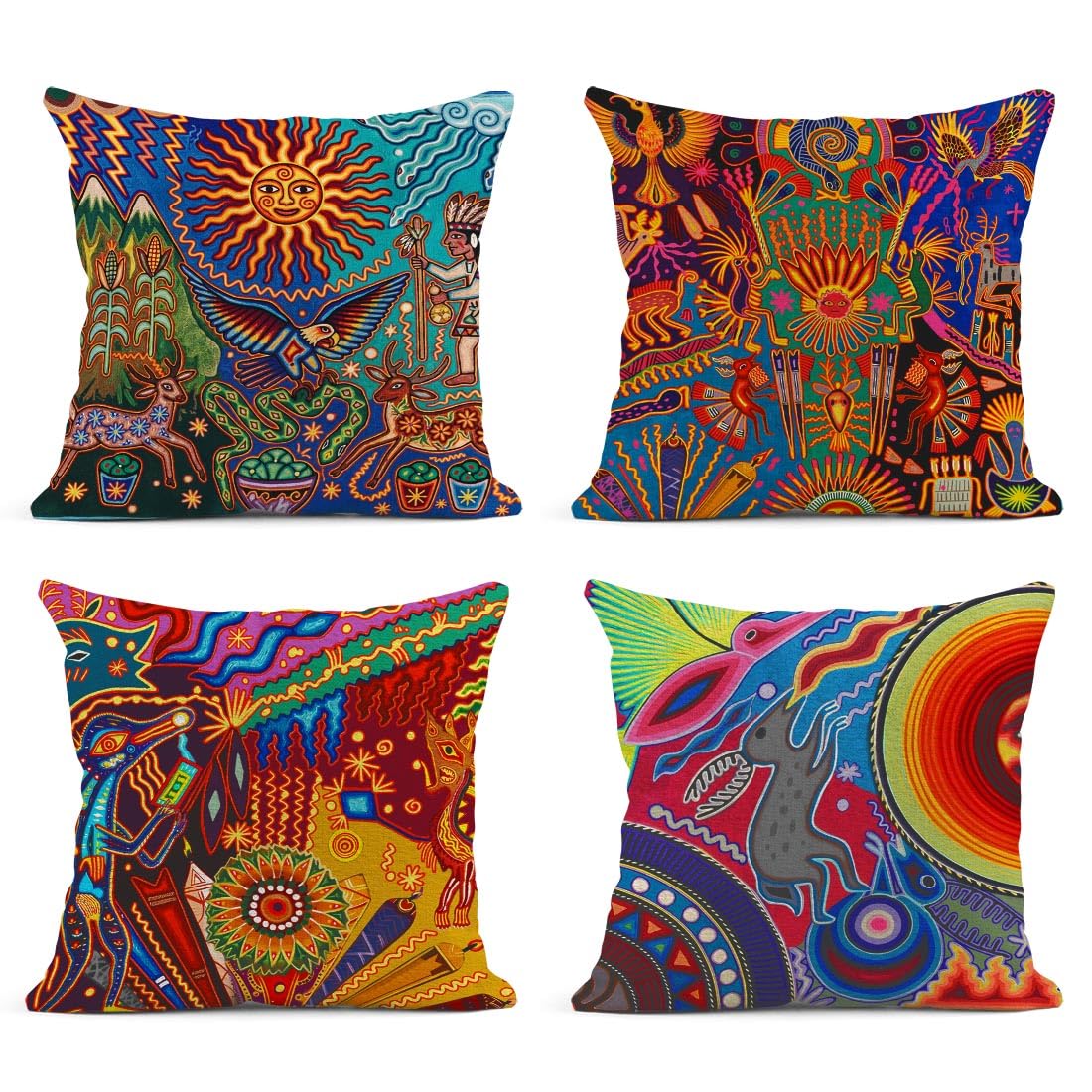 Sanwarm Throw Pillow Covers Home Decor Set of 4 Pillow Cases Decorative 18 x 18 Inches Outdoor Cushion Couch Sofa Pillowcases Colorful Boho Circle Doodle Ethnic Leaf