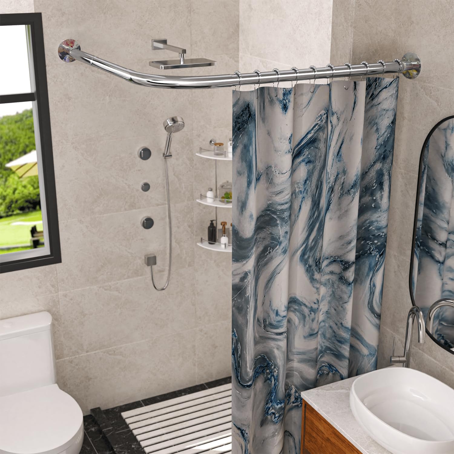 SIKAIQI Stretchable 304 Stainless L Shaped Bathroom Bathtub Corner Shower Curtain Rod Rack (24"-37"x24"-37"), Drill Free Install, for Bathroom, Clothing Store, Private space