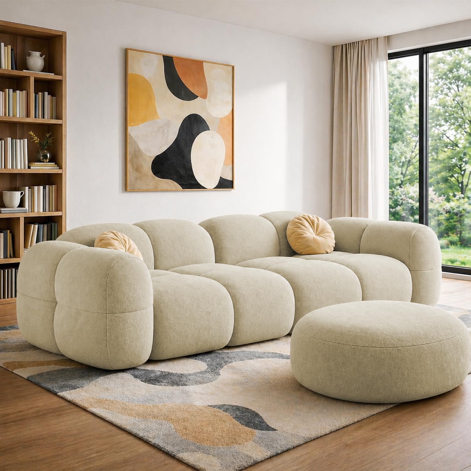 Casaliving Vetras Modern Velvet Bubble Cloud Sofa, Tufted Design Upholstered 3 Seater with Ottoman Sofa Set for Living Room, Premium Velvet Fabric Sofa (Cream)-image-17