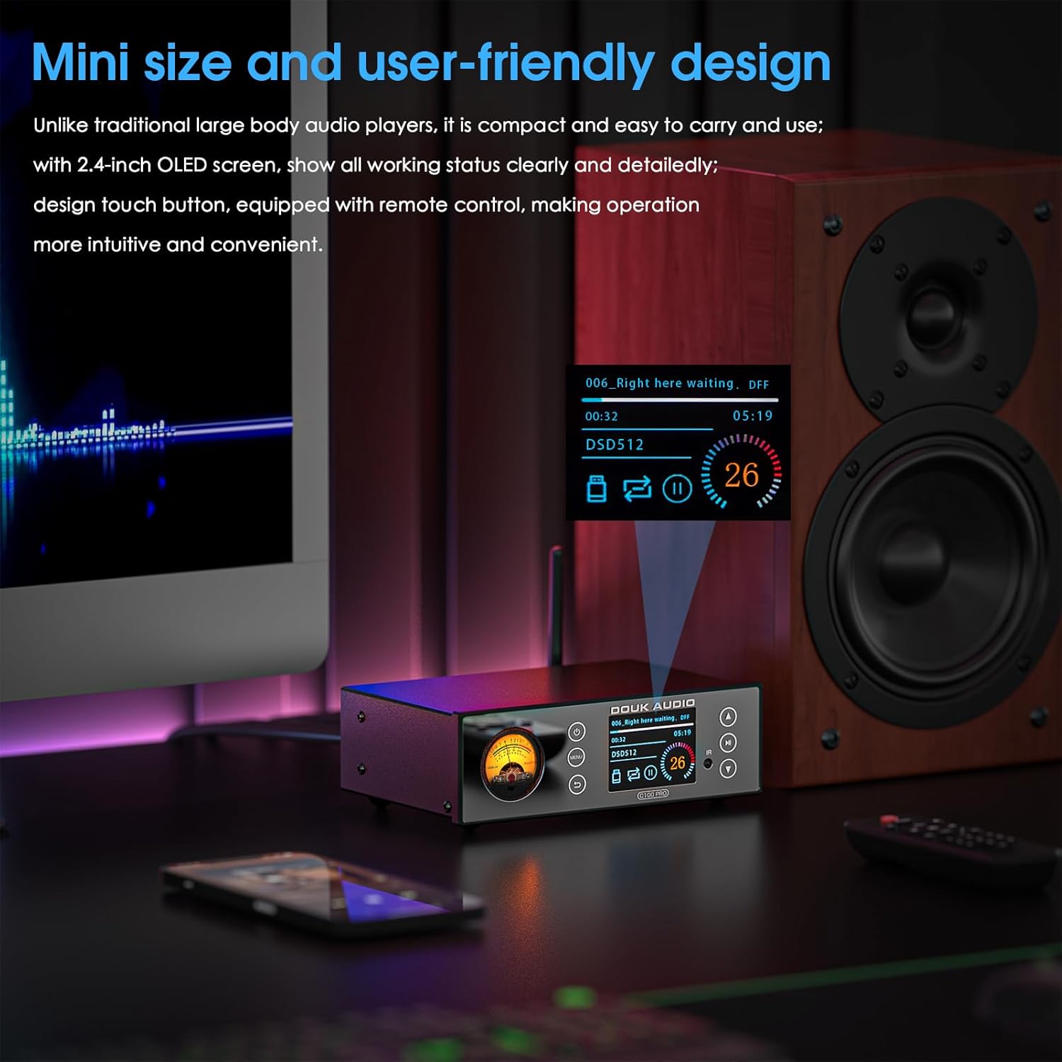 Douk Audio C100 PRO Mini Hi-Res Bluetooth Music Streamer Digital Audio Player Preamp DAC with USB Optical XLR - ESS9038 DSD512 & VU Meter & LED Display & Remote Control for Amplifier, Active Speakers