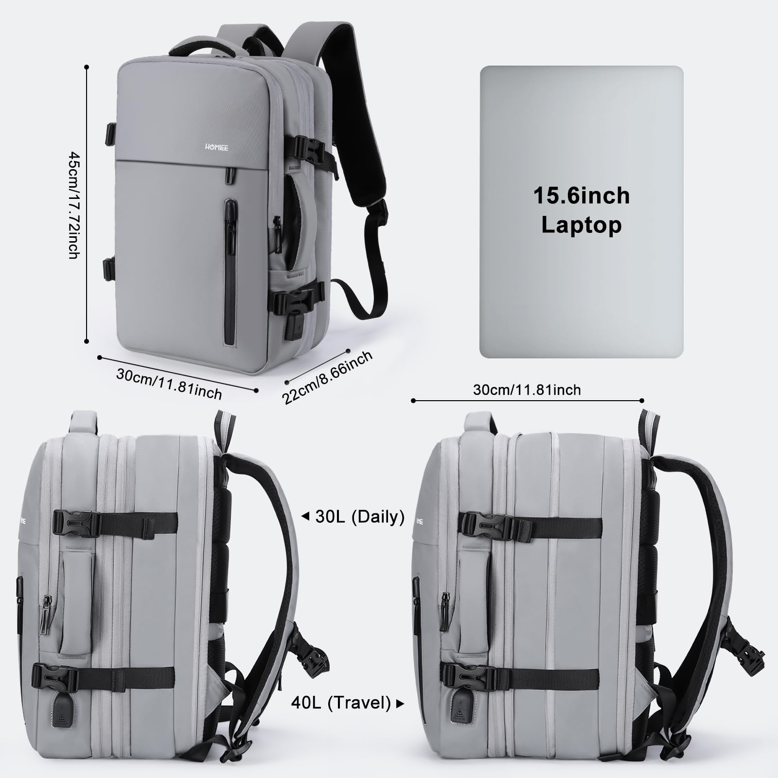 HOMIEE 40L Mochila de Viaje 15.6 Pulgadas Mochila de Negocios Expandible Mochila para Portátil Cabina Mochila de Equipaje de Mano Antirrobo e Impermeable para Hombres y Mujere