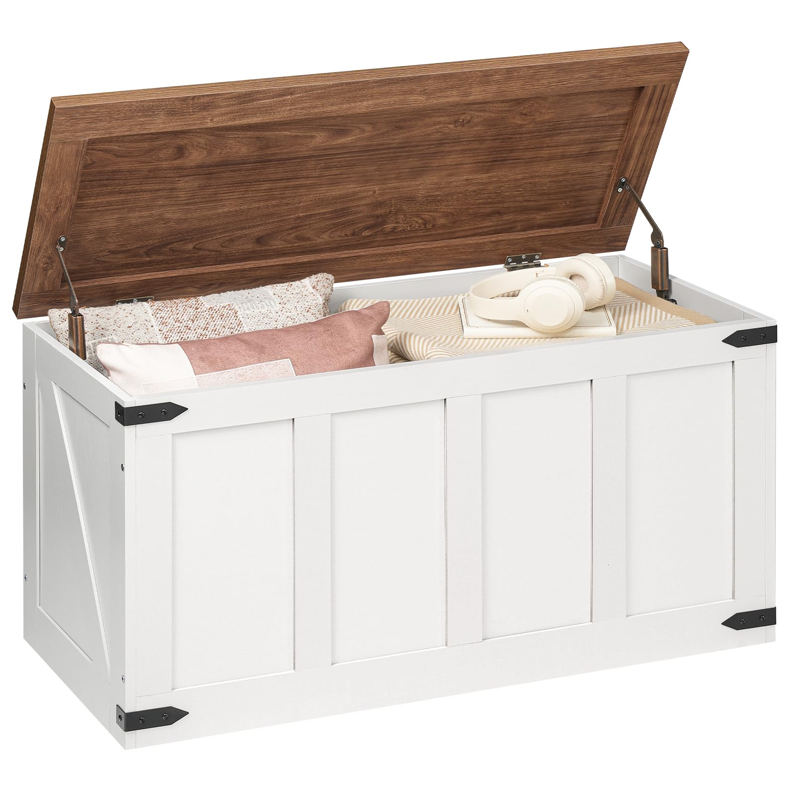 HOOBRO Sitzbank mit Stauraum, Truhen mit Deckel, Spielzeugkiste groß, Schuhbank mit 2 Sicherheitsscharniere, aufbewahrungsbox, 100 x 39 x 50 cm, für Flur, Schlafzimmer Weiß und Walnuss EWH500CW01